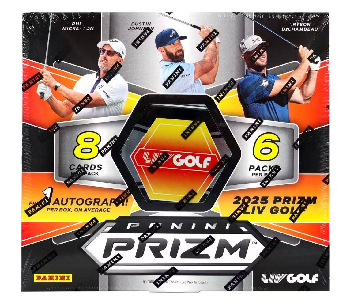 PANINI PRIZM  
LIV GOLF  

PHI  
MICKEY JOHNSON  

DUSTIN JOHNSON  

RYSON DECHAMBEAU  

8 CARDS PER PACK  
6 PACKS PER BOX  

1 AUTOGRAPH PER BOX, ON AVERAGE  

2025 PRIZM LIV GOLF  

NO PURCHASE NECESSARY  

See Pack for Details
