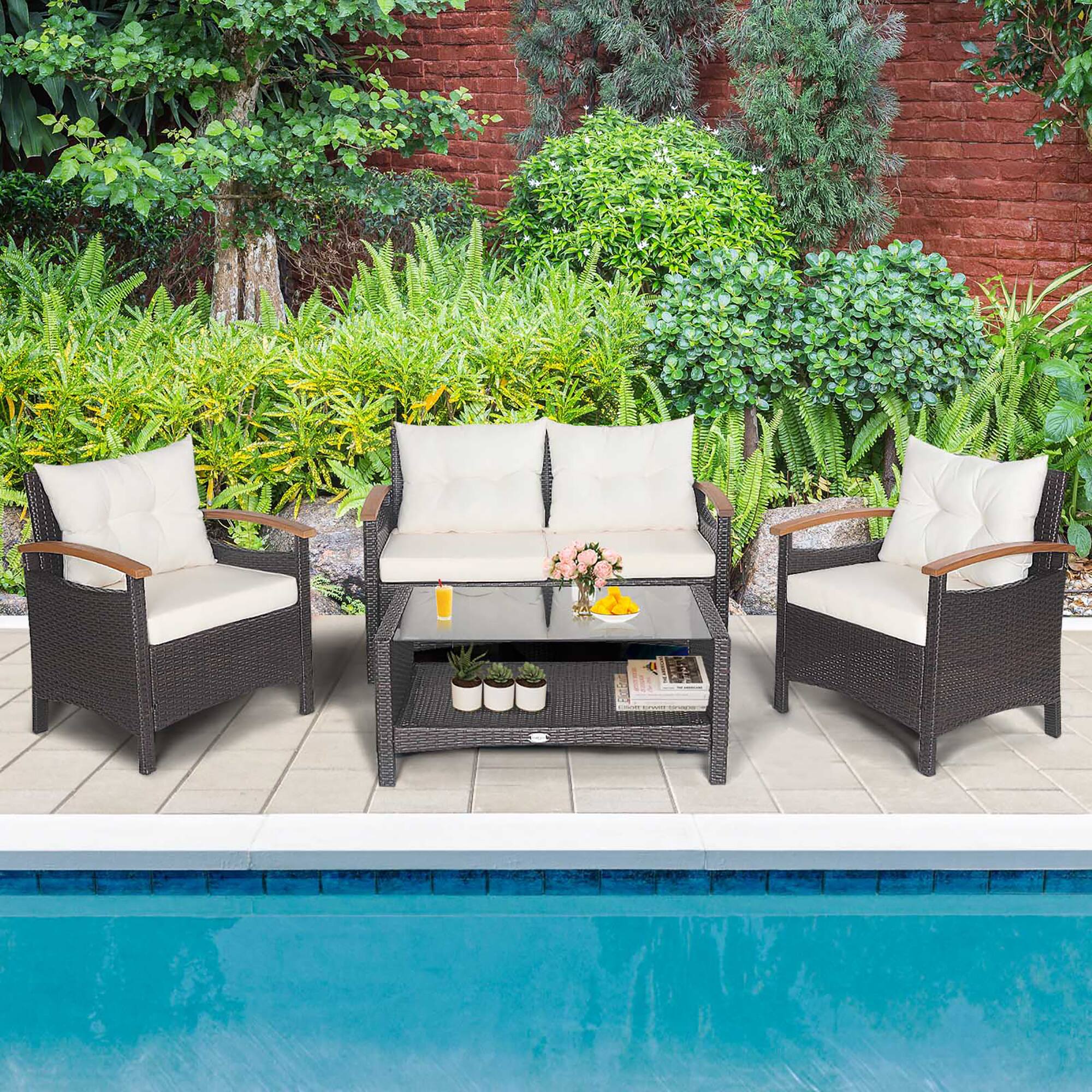 Alt View 2. Costway - Costway 4PCS Patio Rattan Conversation Set Cushioned Sofa Storage Table - Mixed Brown,Off White.