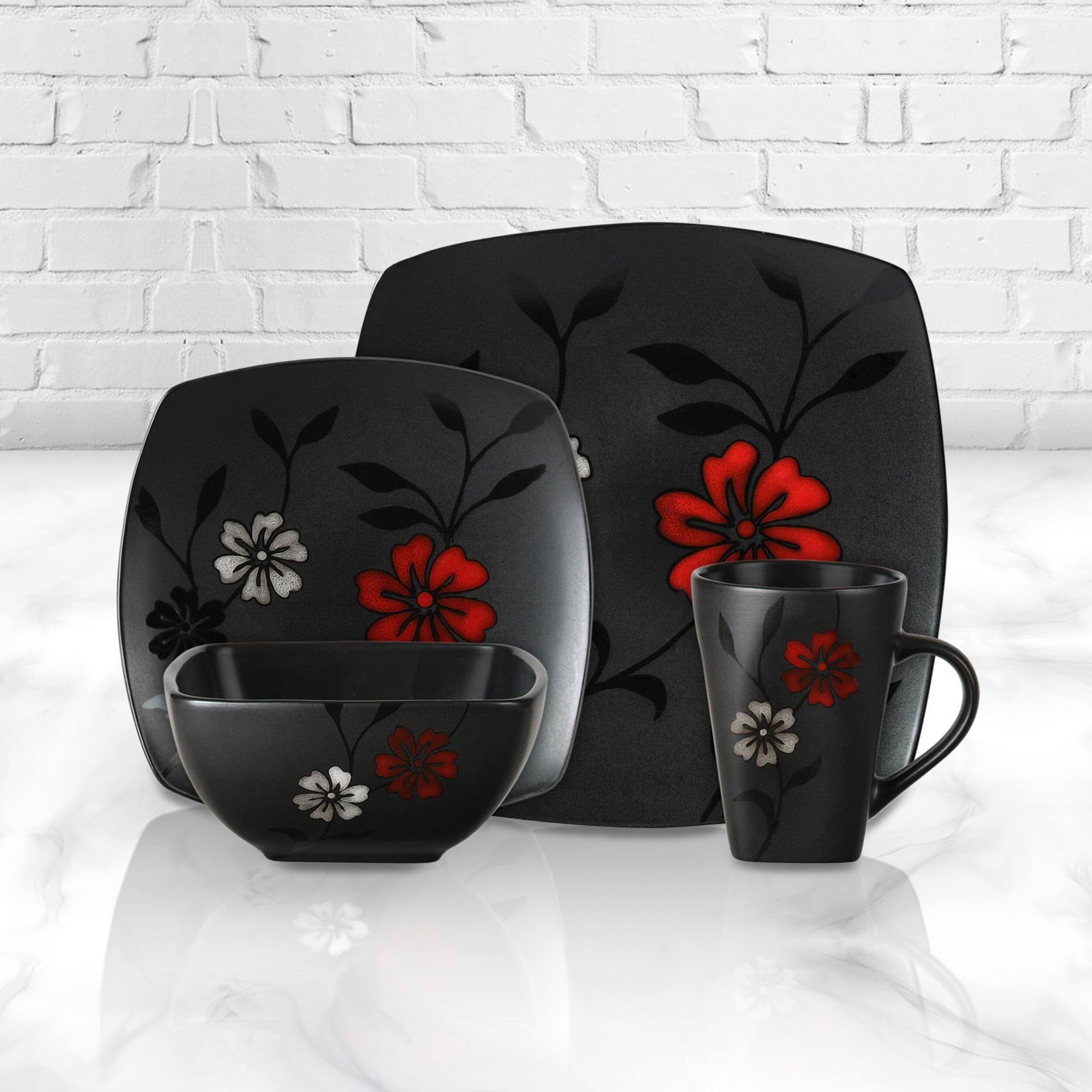 Alt View 4. Gibson - Gibson 16-Piece Evening Blossom Dinnerware Set - Black and Red.