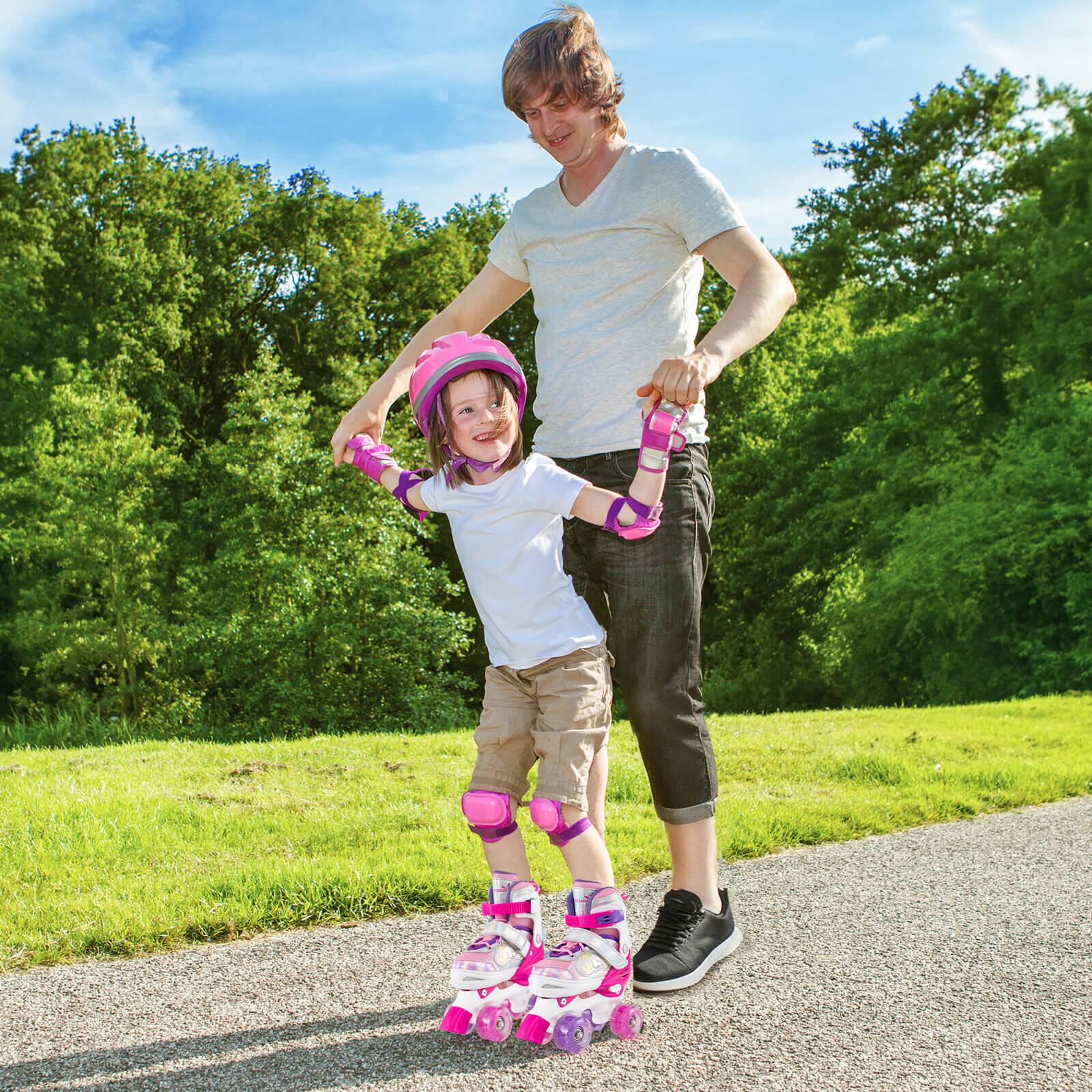 Alt View 4. Costway - Costway Kids Roller Skates 4 Sizes Adjustable Quad Skates with Light-up Wheels for Ages 5-8 - Rose Red.