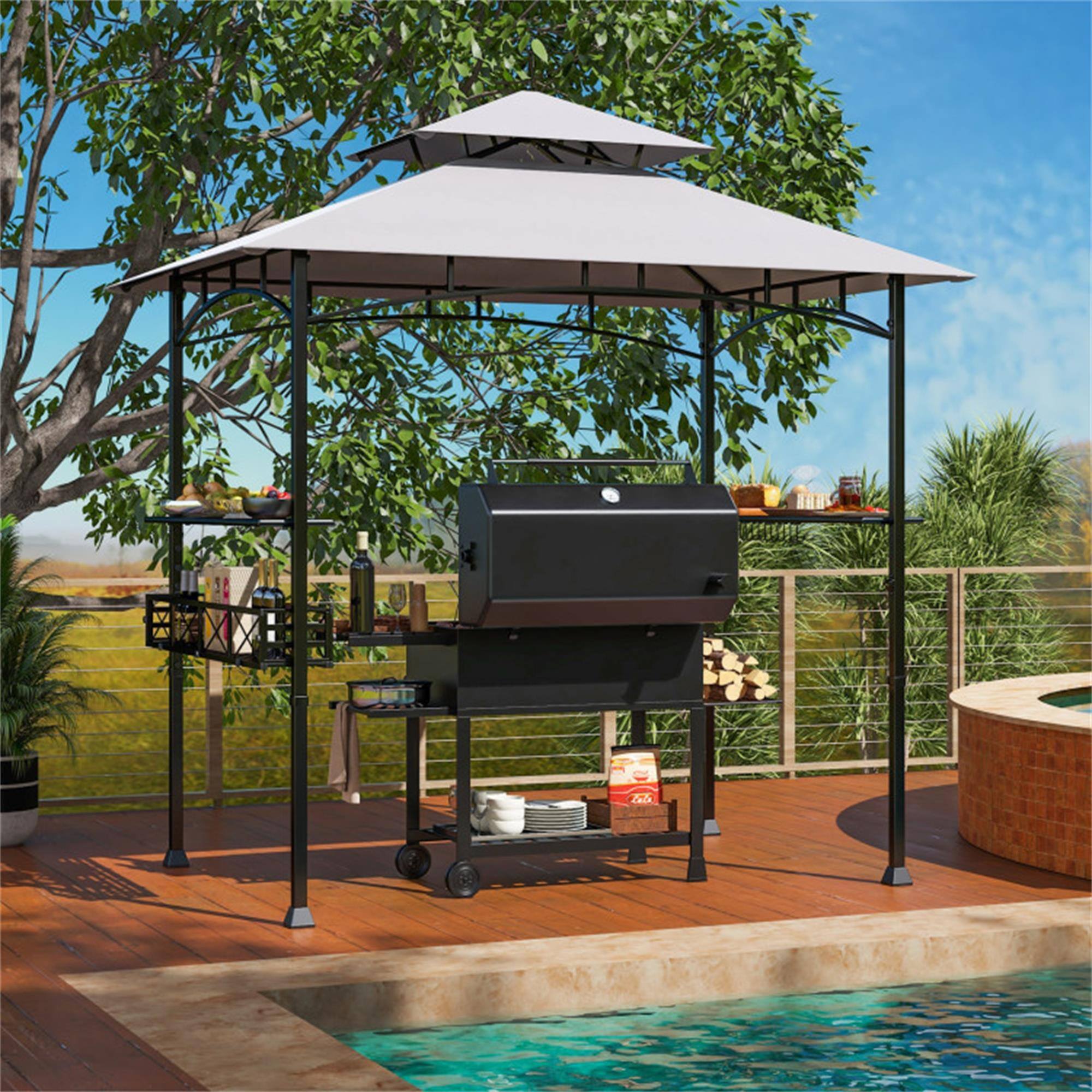 Alt View 2. Boyel Living - Gray 98.4-in L x 96-in W x 60-in H Outdoor Grill Gazebo with Side Shelves and Hanging Hooks Model BL-HYA1862GR.