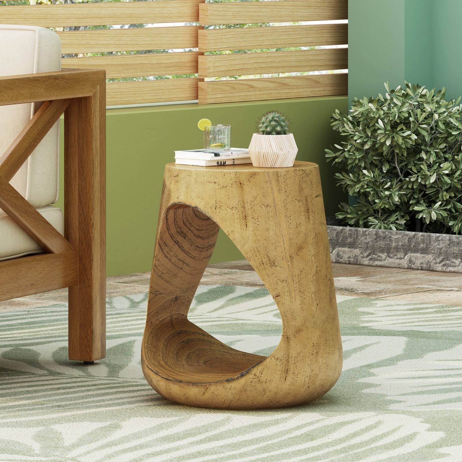 Alt View 3. Ecooso - Round Side Table with Hollow Design, Durable MGO Construction for Indoor Outdoor Use, Small Accent Table - Natural.