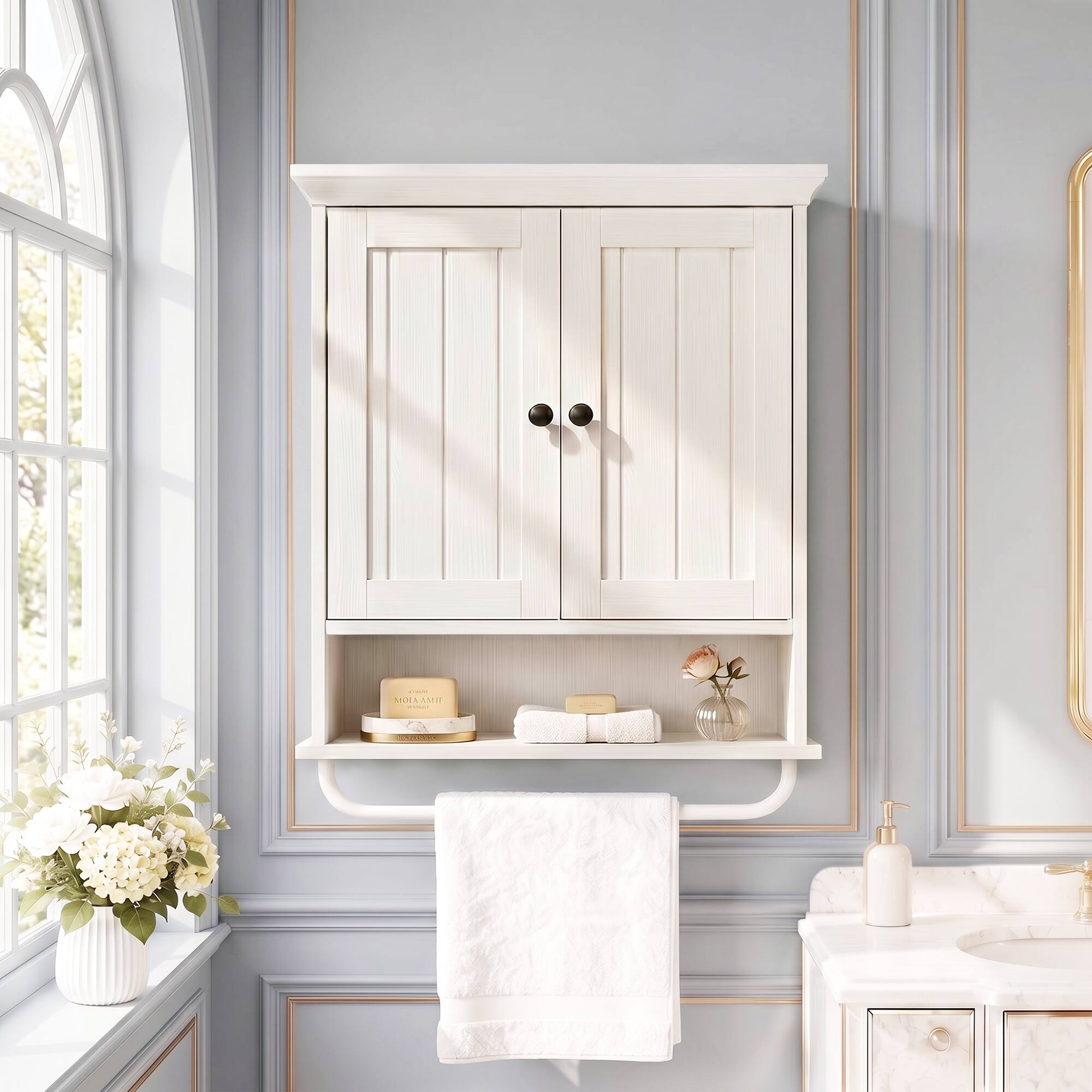 Alt View 1. Aheaplus - Wall Mounted Bathroom Cabinet, 2 Door Medicine Cabinet with Adjustable Shelves and Towel Bar - Off White.