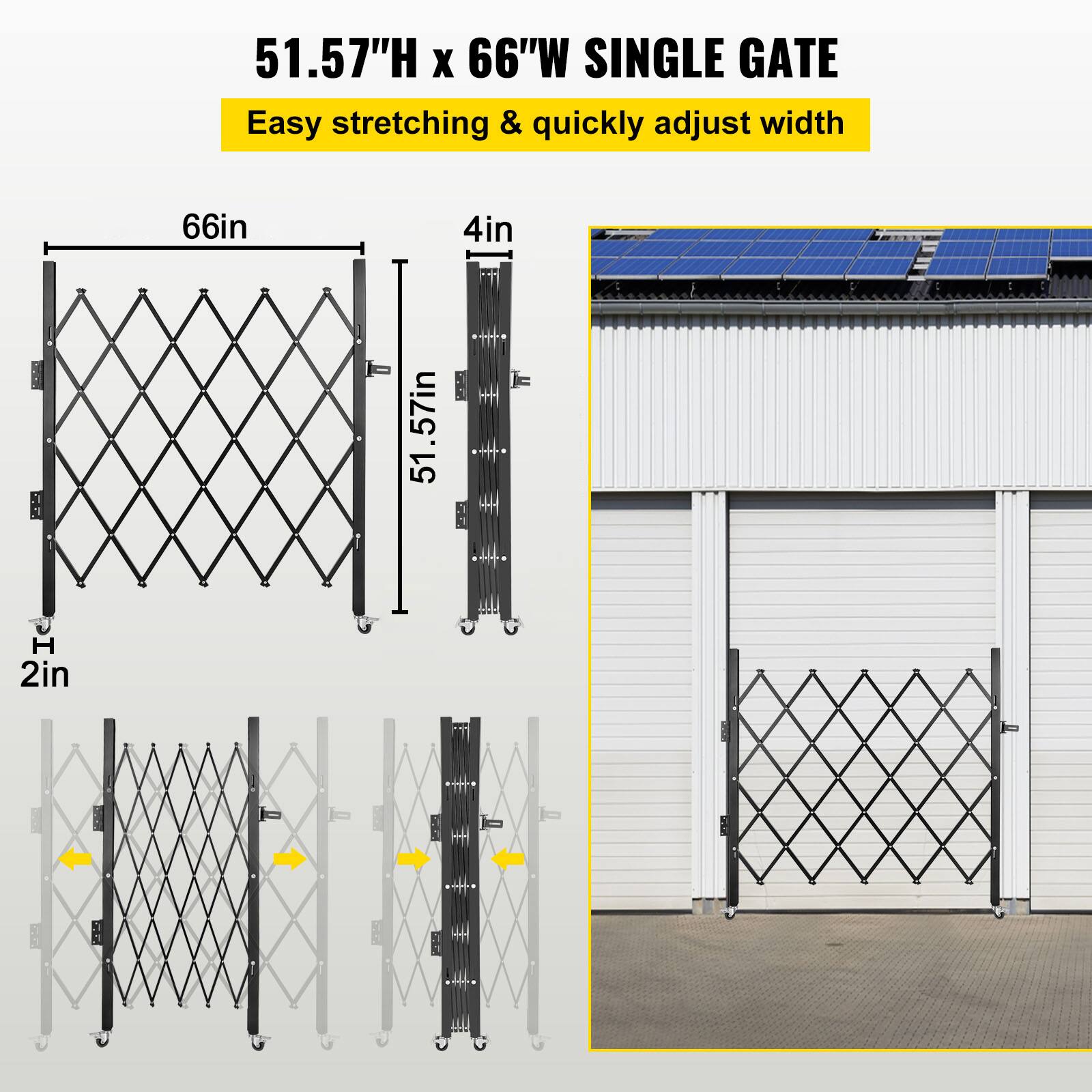 51.57"H x 66"W SINGLE GATE  
Easy stretching & quickly adjust width  

66in  
4in  
51.57in  
2in