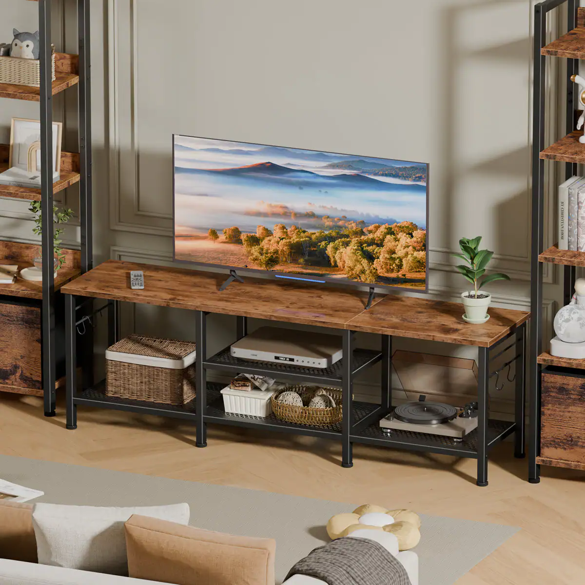 Left. Furnulem - 55 In TV Stand Media Console Table Entertainment Center with Open Storage Shelves Soundbar Shelf for Living Room Decor - Brown.