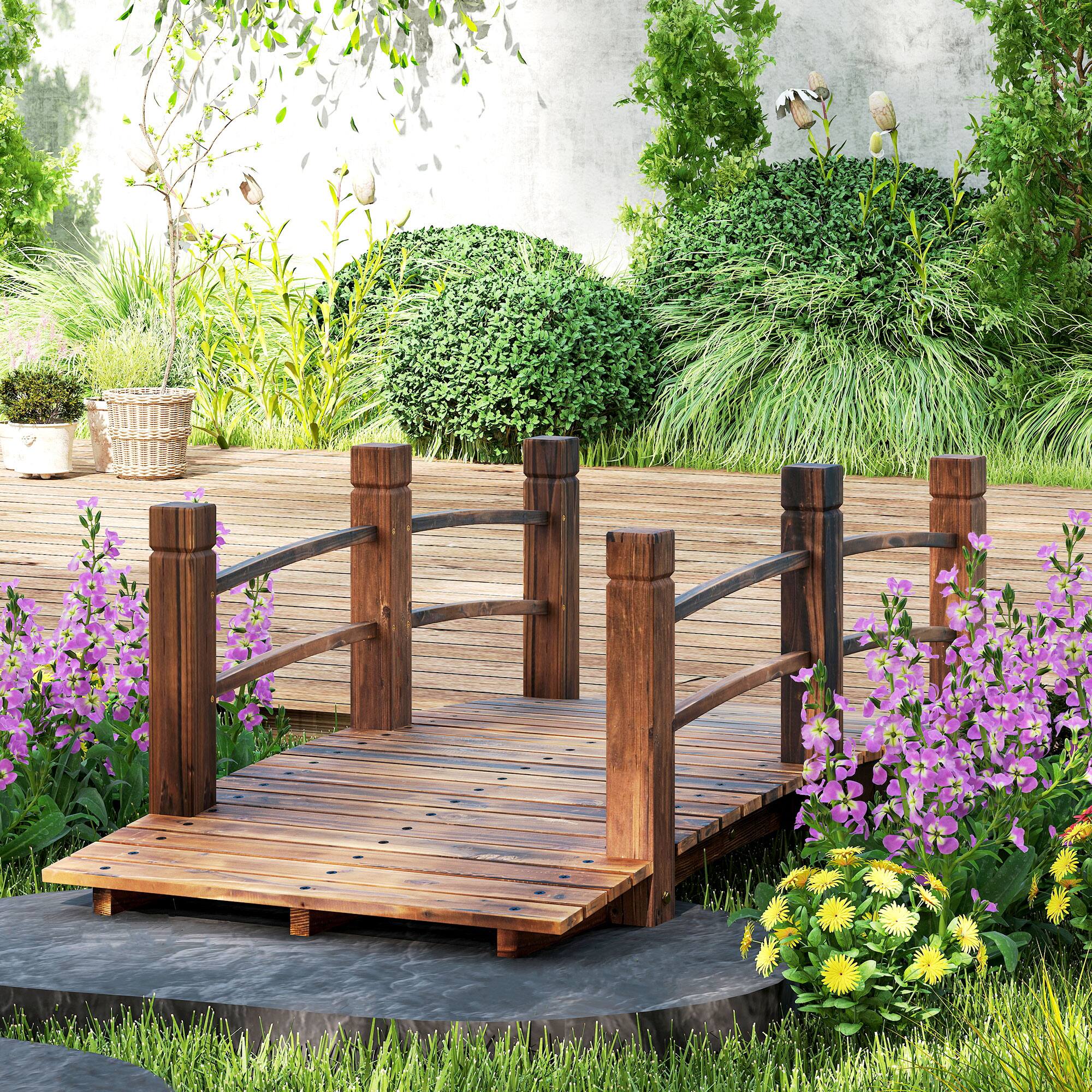 Alt View 1. Outsunny - Fir Wood Garden Bridge Arc Walkway with Side Railings for Backyards, Gardens, and Streams, 60" x 26.5" x 19".