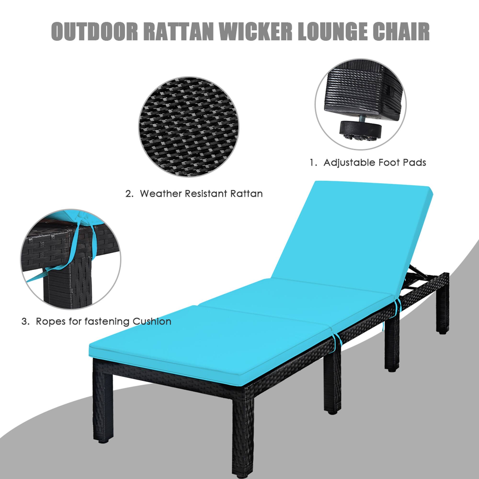 OUTDOOR RATTAN WICKER LOUNGE CHAIR
1. Adjustable Foot Pads
2. Weather Resistant Rattan
3. Ropes for fastening Cushion