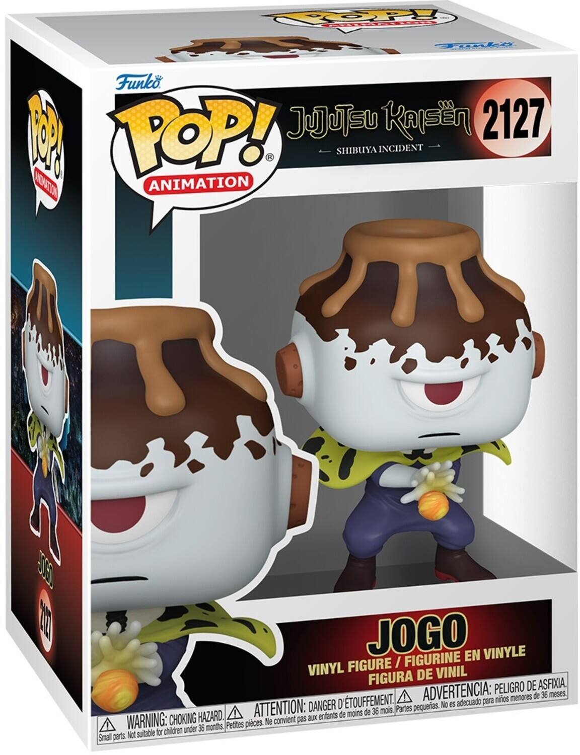Sure, here is the corrected and grouped text from the image:

---

**Funko POP! Animation**

**Jujutsu Kaisen**  
**Shibuya Incident**  
**2127**

**JOGO**  
**VINYL FIGURE / FIGURINE EN VINYLE / FIGURA DE VINIL**

**WARNING: CHOKING HAZARD.**  
**ATTENTION: DANGER D'ÉTOUFFEMENT.**  
**ADVERTENCIA: PELIGRO DE ASFIXIA.**  
**Not suitable for children under 36 months.**  
**Ne convient pas aux enfants de moins de 36 mois.**  
**No es adecuado para niños menores de 36 meses.**

**Small parts.**  
**Petites pièces.**  
**Partes pequeñas.**

---