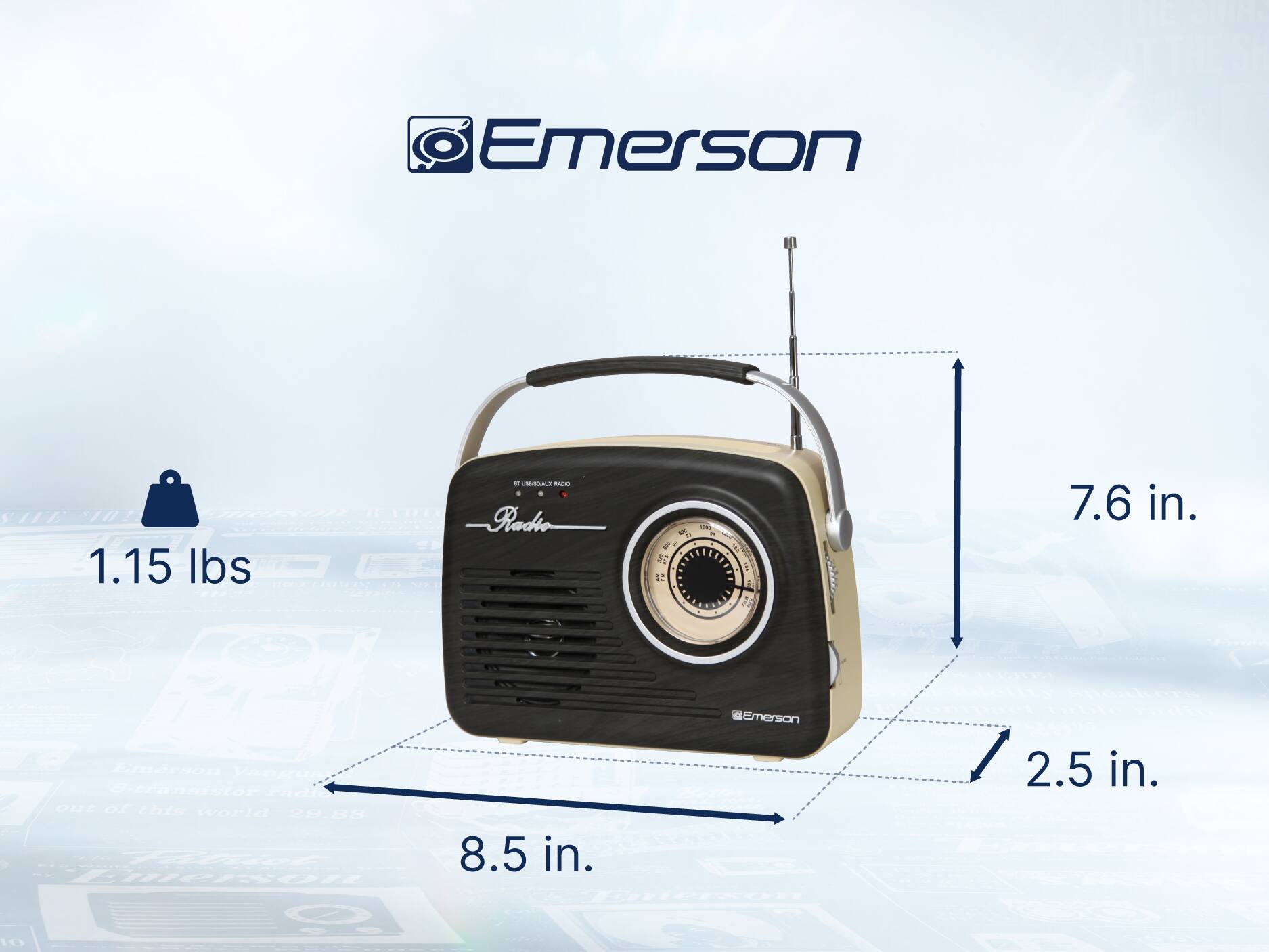 Emerson SHE 101 1.15 lbs
Emerson Radio
7.6 in.
8.5 in.
2.5 in.