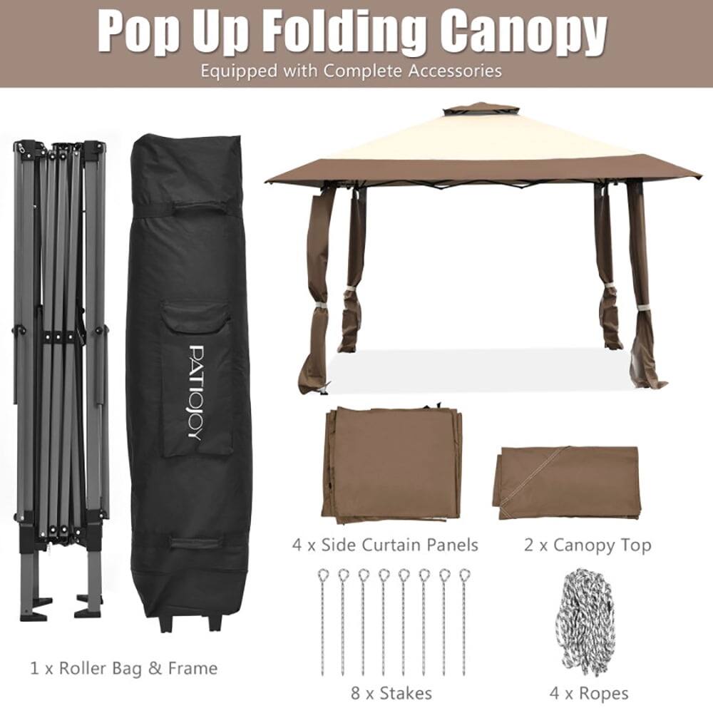 Pop Up Folding Canopy Equipped with Complete Accessories

- 4 x Side Curtain Panels
- 2 x Canopy Top
- 1 x Roller Bag & Frame
- 8 x Stakes
- 4 x Ropes