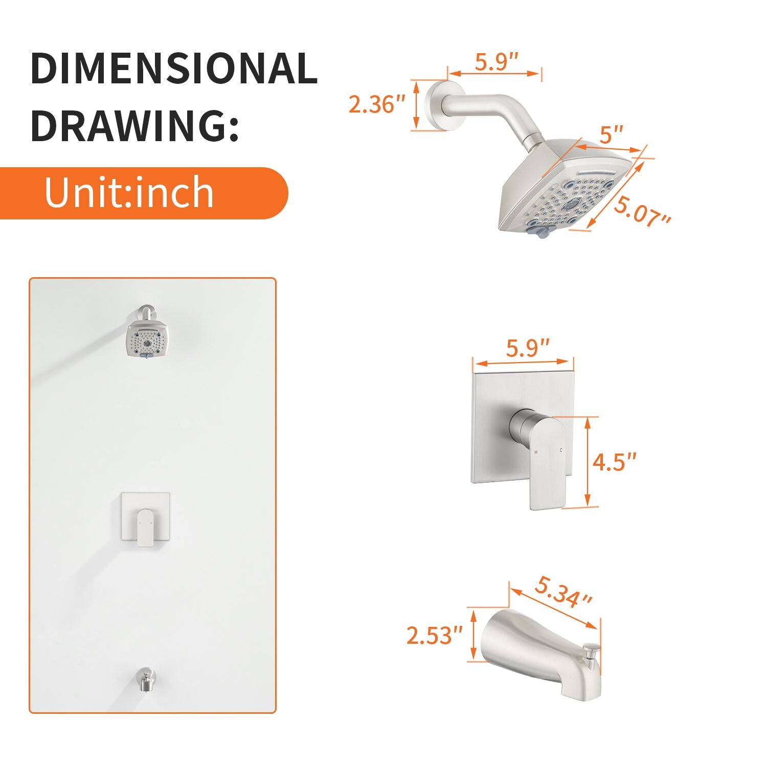 DIMENSIONAL DRAWING:  
Unit: inch  

- 2.36"  
- 5.9"  
- 5"  
- 5.07"  
- 5.9"  
- 4.5"  
- 2.53"  
- 5.34"