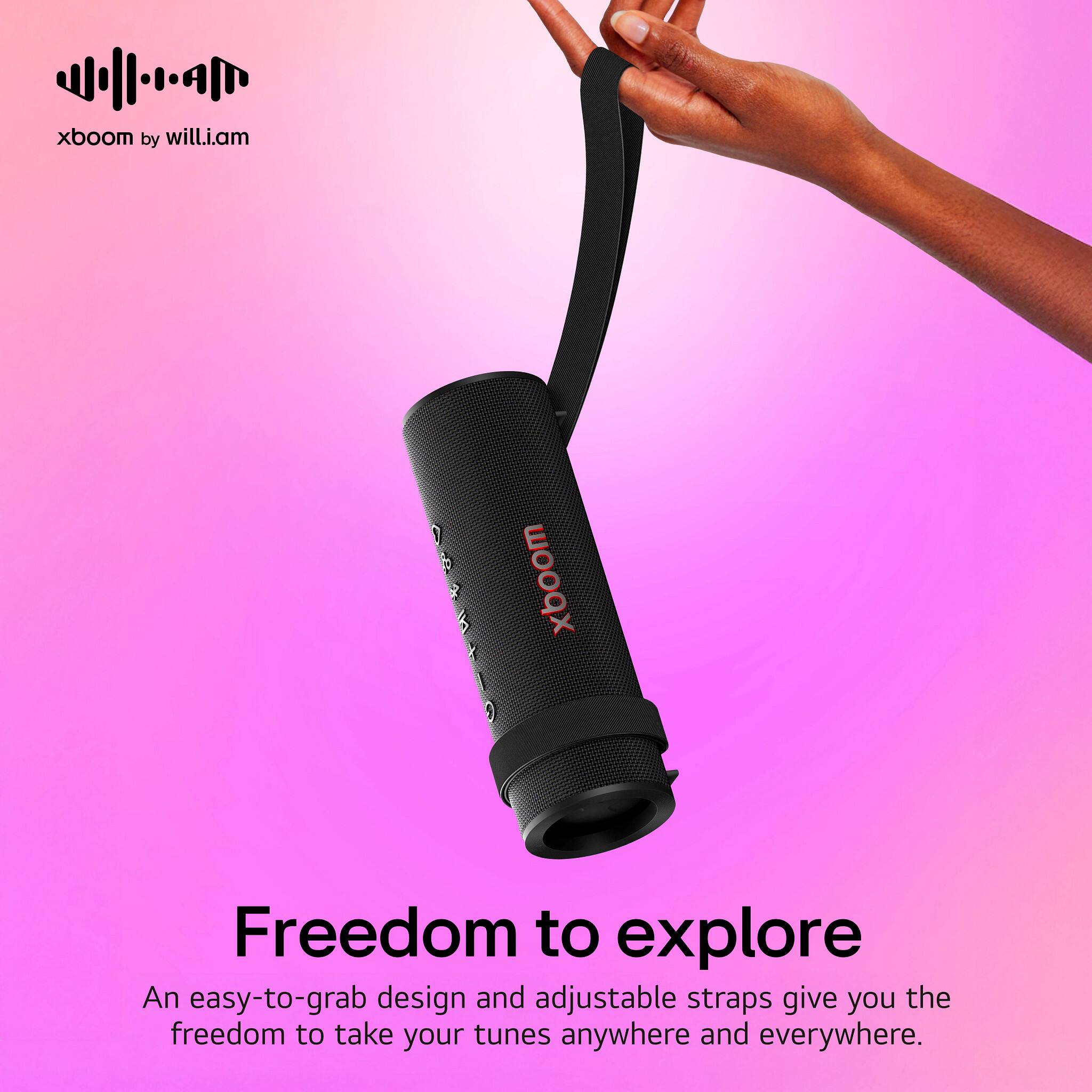 xboom by will.i.am, Freedom to explore, An easy-to-grab design and adjustable straps give you the freedom to take your tunes anywhere and everywhere.