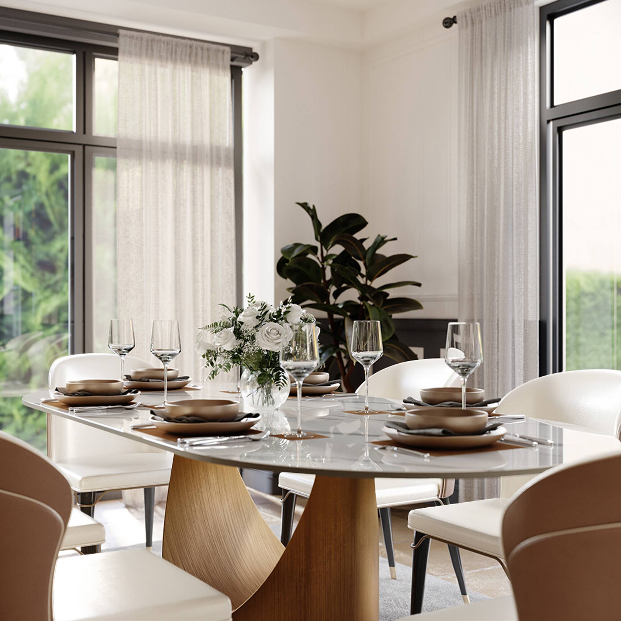 Alt View 1. POVISON - 71"Hobart Modern Oval Dining Table for 6, White Oval Glossy Sintered Stone Kitchen Table, Bronze Carbon Steel Base - White.