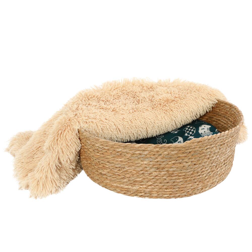 Alt View 6. Fluffee - Woven Cat Bed with Removable Washable Cushion & Blanket, Cozy Indoor Cat Bed, Warm Round Pet Bed for 0-15kg Cats & Dogs - Beige.