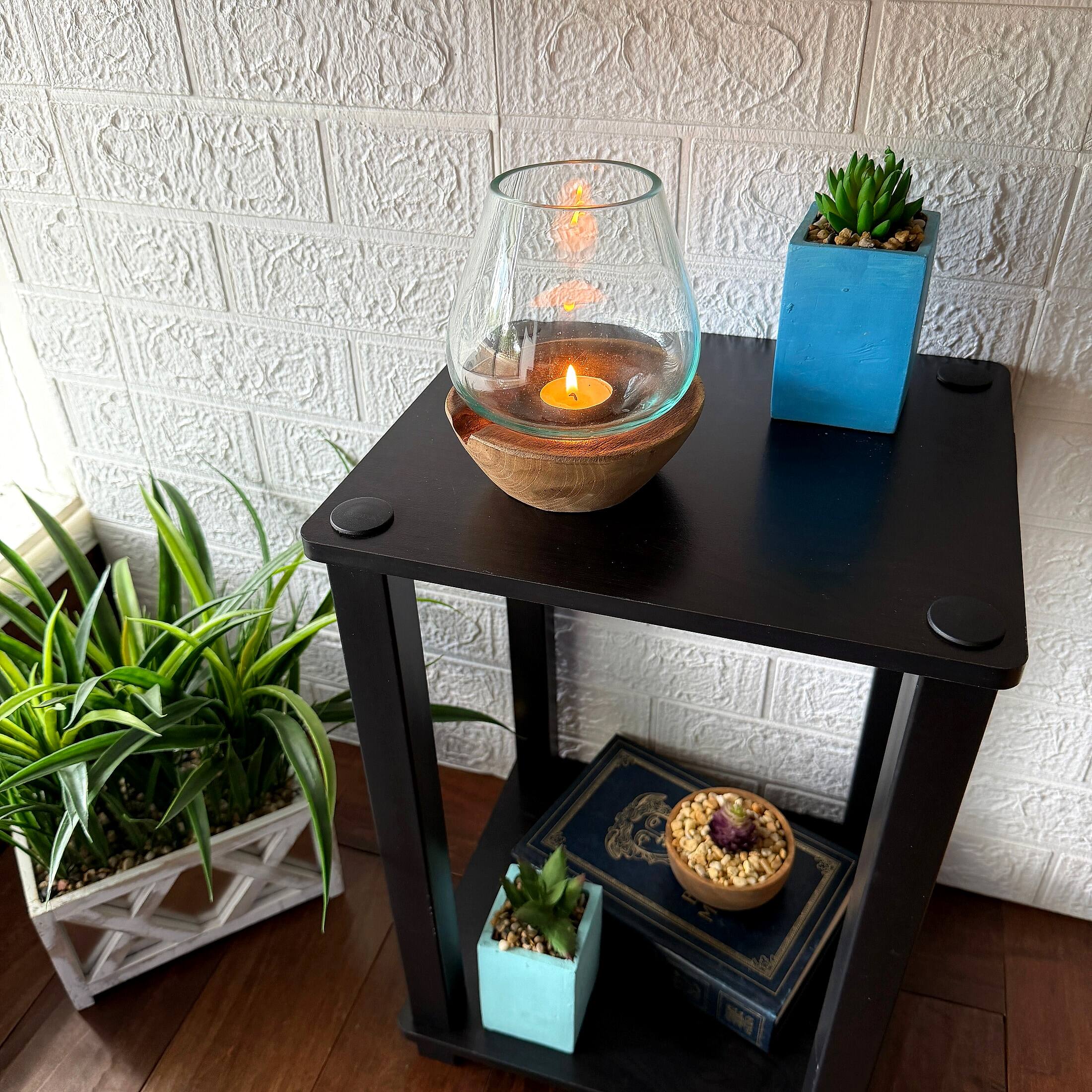 Alt View 4. Things2Die4 - Decorative Glass Candle Lantern Natural Wood Base 6.5 in Handmade Accent - Natural.