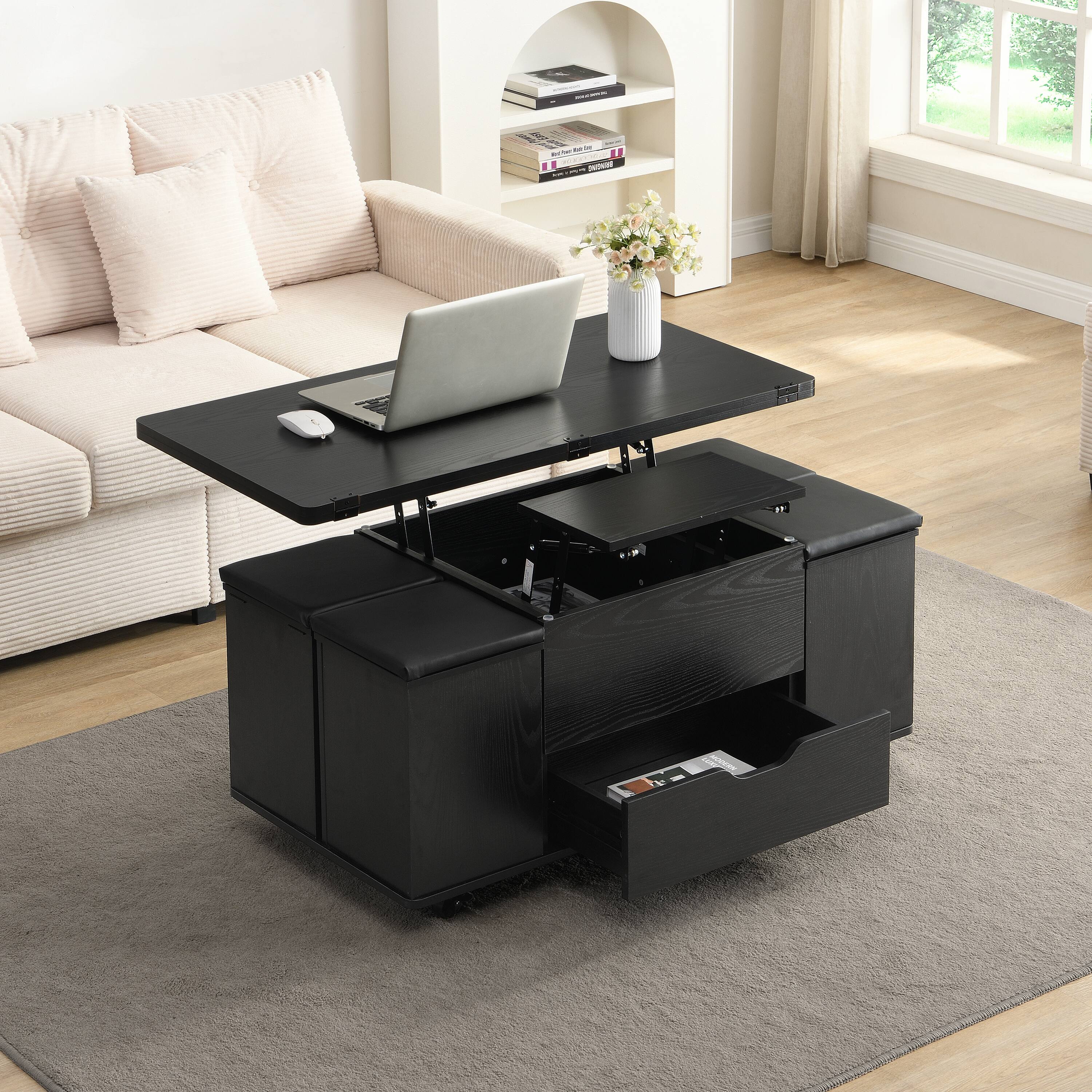 Alt View 1. Ecooso - Coffee Table Lift-Top Multi-Functional with Hidden Storage and 4 Stools, Modern Design for Living Room - Black.