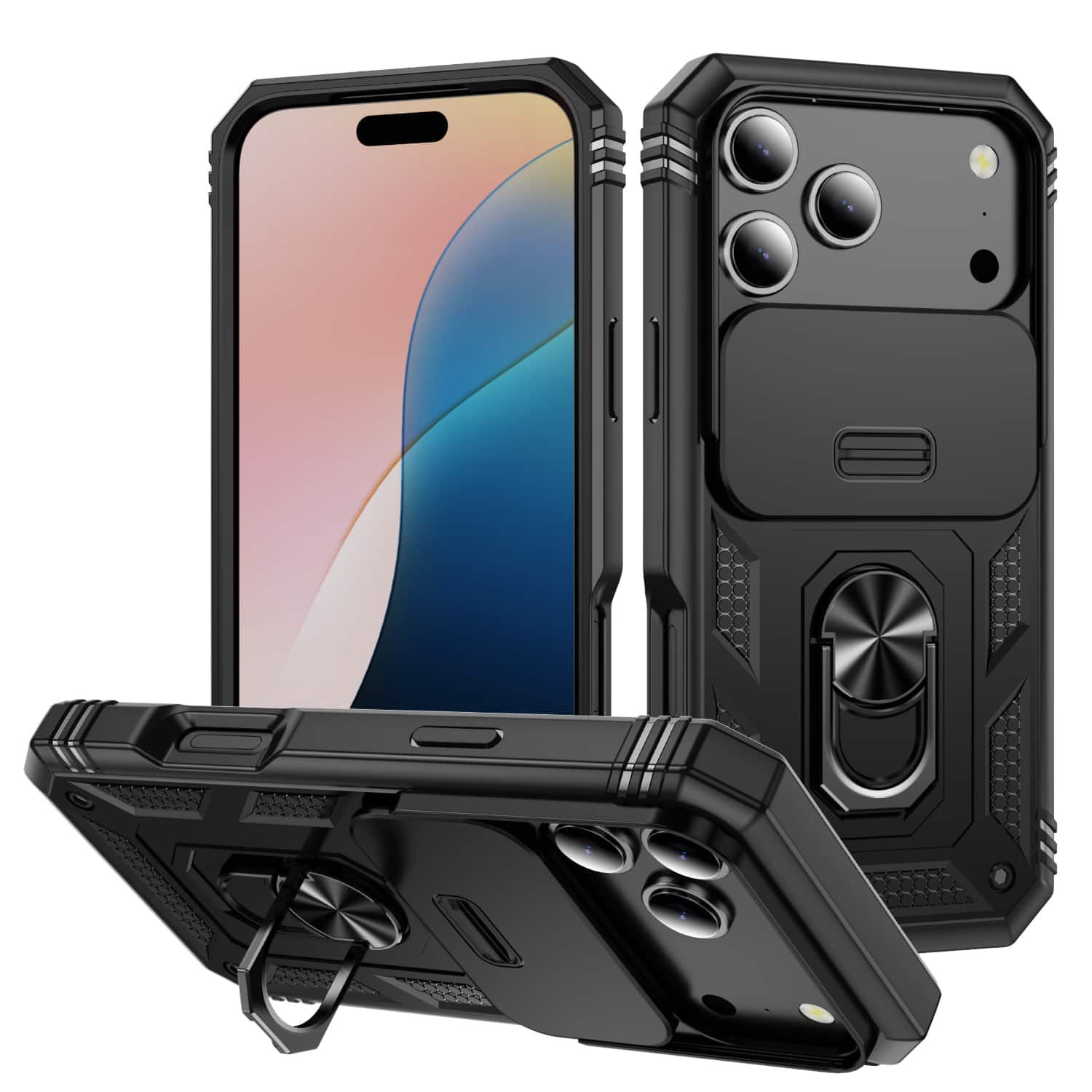Dteck - Ring Kickstand Case For Apple iPhone 17 Pro with Slide Camera, Shockproof Magnetic PC TPU Rugged Cover - Black price history on PriceWatchPro