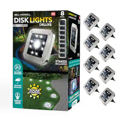 BELL+HOWELL
DISK LIGHTS
DELUXE
STAINLESS STEEL
8 PACK
STAINLESS STEEL TOPS & SUPER BRIGHT LEDS
AUTO ON/OFF
STAKES INCLUDED!
NO WIRES REQUIRED
WEATHER RESISTANT
8 BRIGHT LEDS
SOLAR POWERED
SOLAR POWERED
NO WIRES REQUIRED
WEATHER RESISTANT
8 PACK