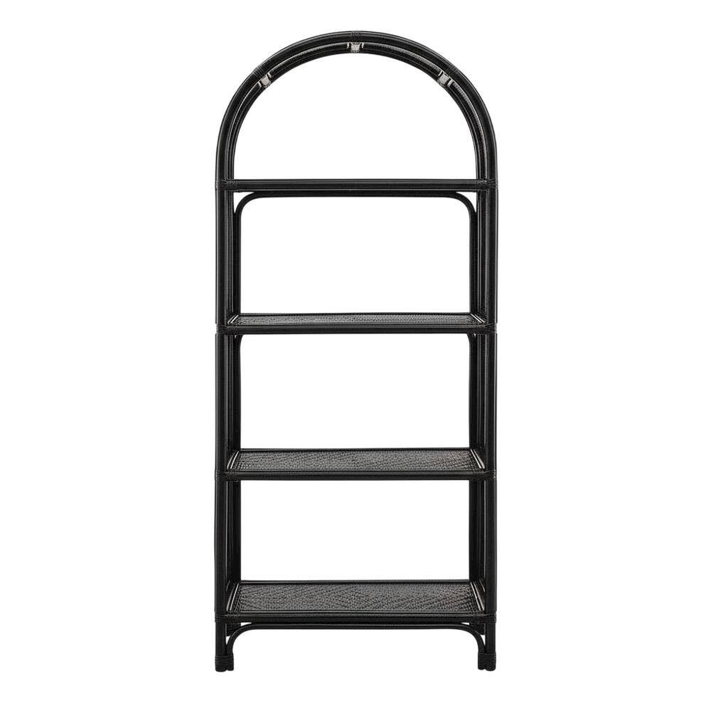 Back. FurniFact - Black Arched Rattan Bookshelf with Slim Shelves and Natural Finish - Black.