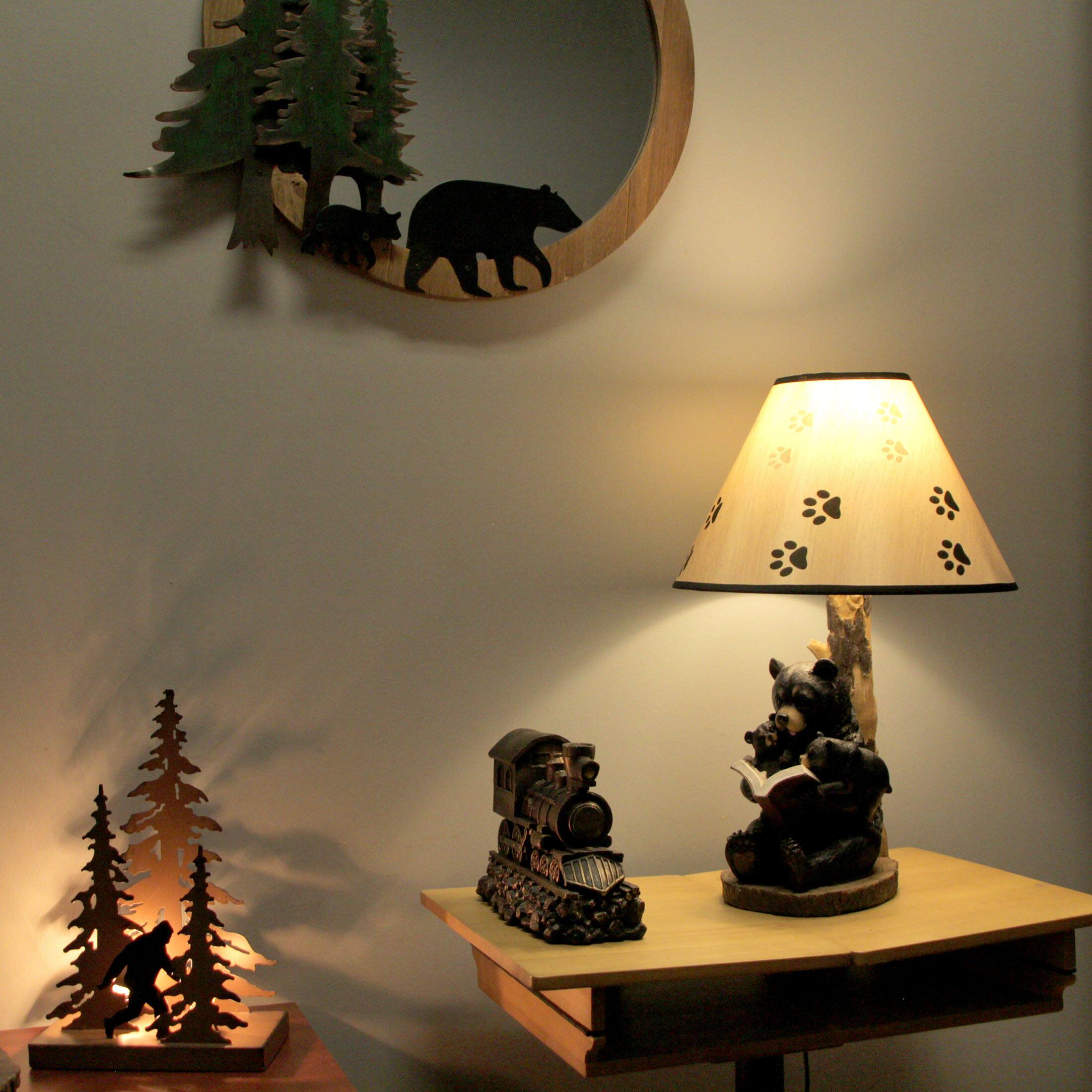Alt View 4. Zeckos - Black Bear Reading to Curious Cubs Table Lamp w/Paw Print Shade Western Décor - Black.