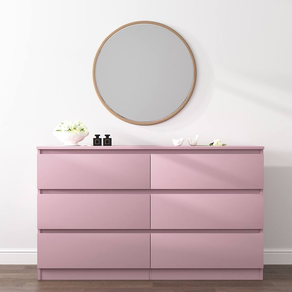Back. Spaco - Modern 6 Drawer Dresser Table, Storage Cabinet, Minimalist Chest, TV Stand Vanity For Bedroom, Living Room - Pink.