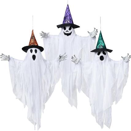 Front. RTMB - 3-Pack 24.8" Hanging Ghosts with Hats for Halloween Graveyard & Indoor/Outdoor Decor - White.