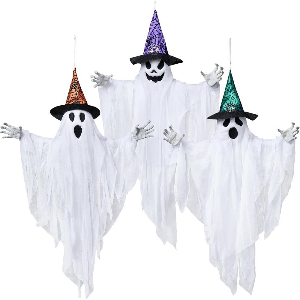 Front. RTMB - 3-Pack 24.8" Hanging Ghosts with Hats for Halloween Graveyard & Indoor/Outdoor Decor - White.
