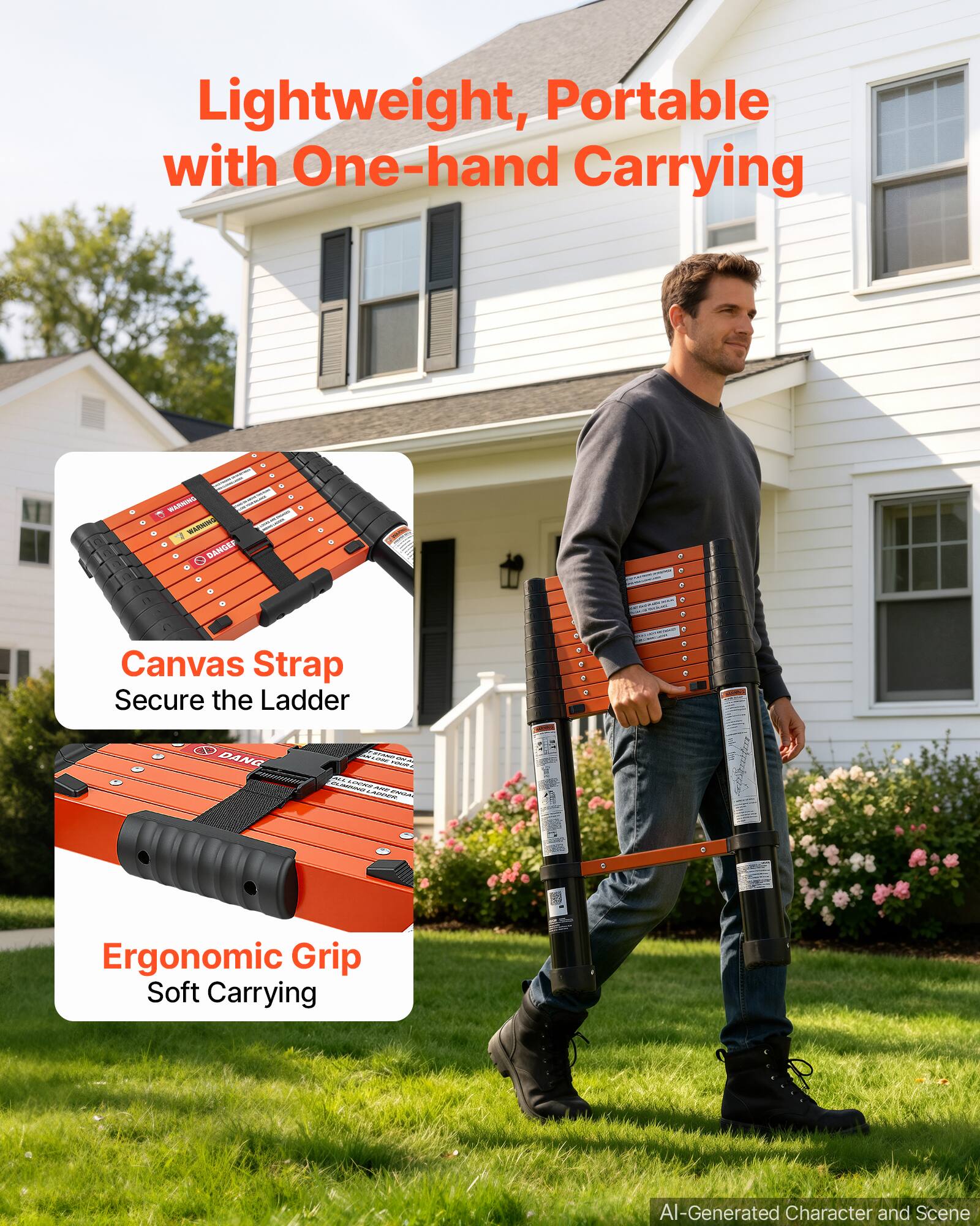 Lightweight, Portable with One-hand Carrying

Canvas Strap Secure the Ladder

Ergonomic Grip Soft Carrying

AI-Generated Character and Scene