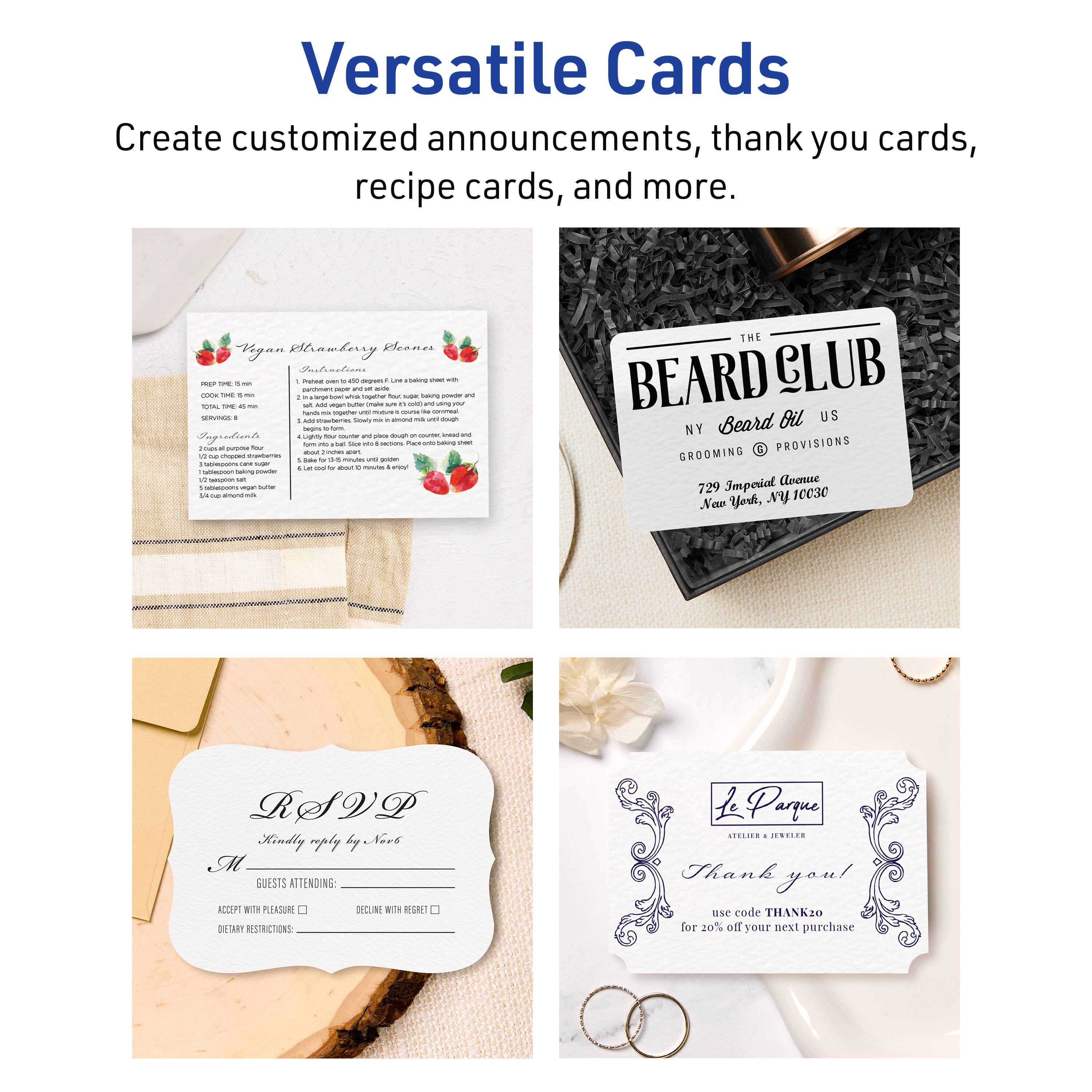 Versatile Cards

Create customized announcements, thank you cards, recipe cards, and more.

Vegan Raspberry Rhubarb

Ingredients:
- 1 lb. fresh raspberries
- 1 lb. fresh rhubarb, cut into 1-inch pieces
- 1 cup granulated sugar
- 1/4 cup water
- 1/4 cup lemon juice

Instructions:
1. In a large saucepan, combine raspberries, rhubarb, sugar, water, and lemon juice.
2. Bring to a boil over medium heat, stirring occasionally.
3. Reduce heat and simmer for 10-15 minutes, or until mixture thickens.
4. Remove from heat and let cool.

The Beard Club
NY Beard Oil US
GROOMING PROVISIONS
729 Imperial Avenue
New York, NY 10030

RSVP
Kindly reply by Nov 6

GUESTS ATTENDING:
ACCEPT WITH PLEASURE [ ] REJECT WITH REGRET [ ]

DIETARY RESTRICTIONS:

Le Parque
ATELIER & JEWELER

Thank you!
use code THANK20 for 20% off your next purchase