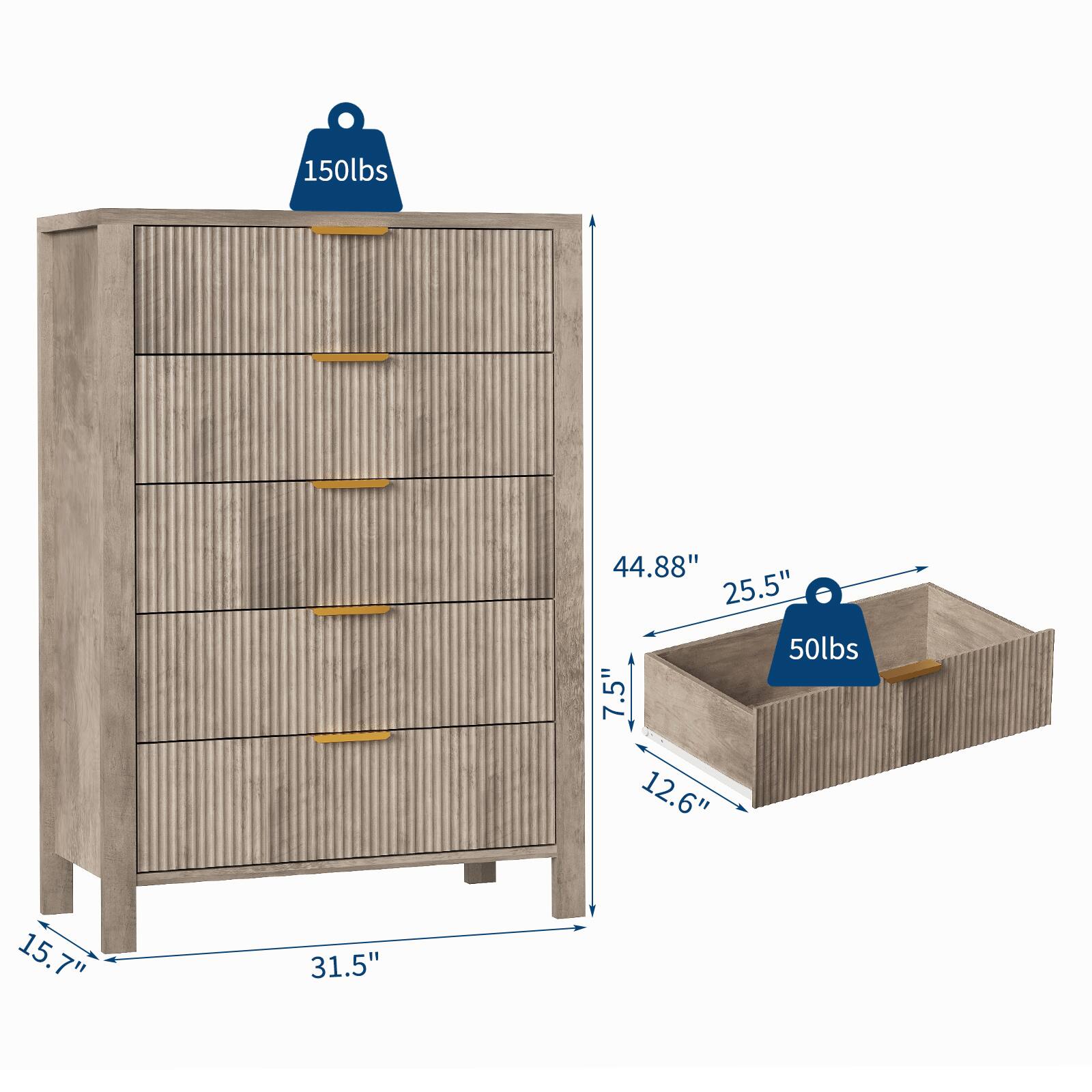 Jojoka 5 Drawer Dresser for Bedroom, 45