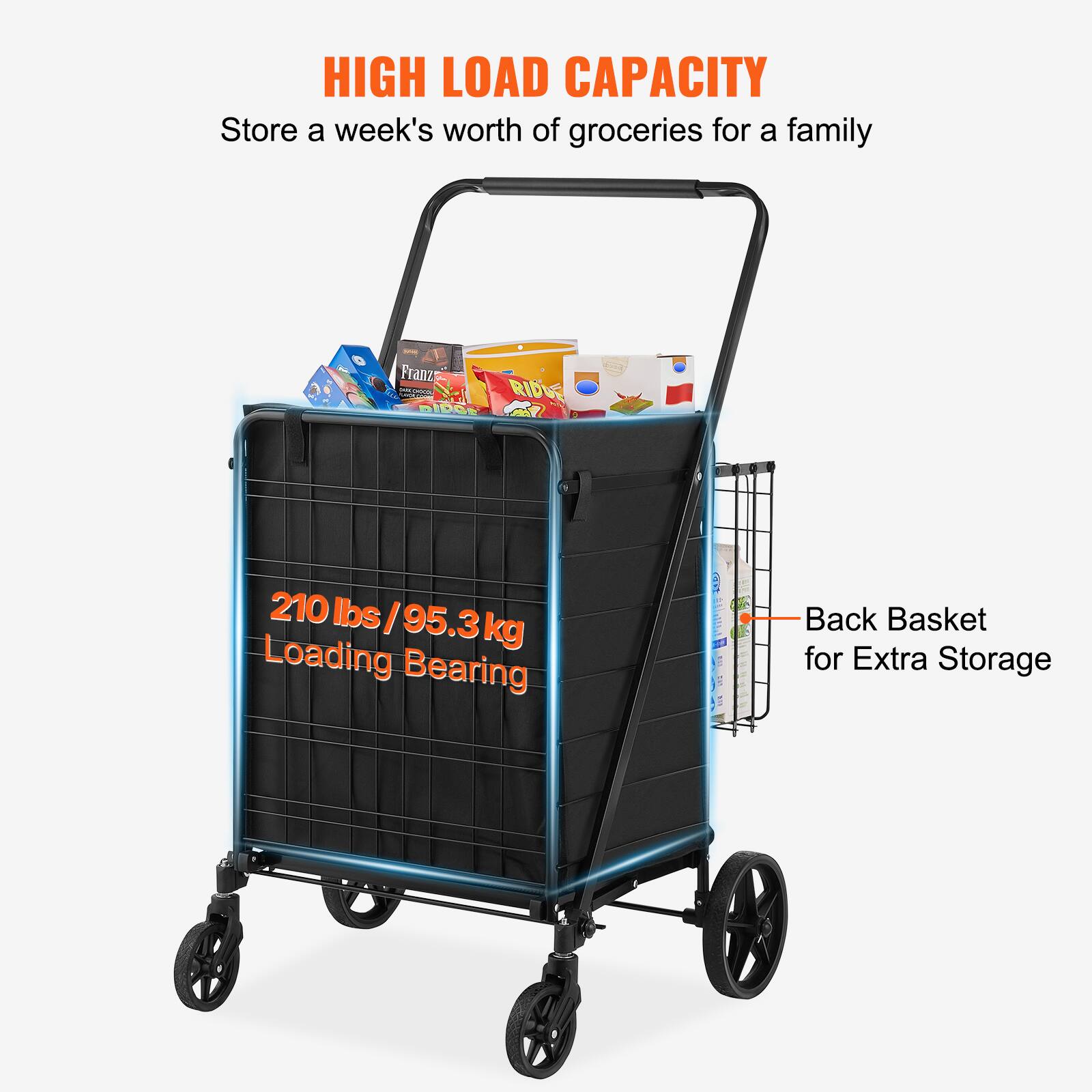HIGH LOAD CAPACITY Store a week's worth of groceries for a family 210 lbs/95.3 kg Loading Bearing Back Basket for Extra Storage