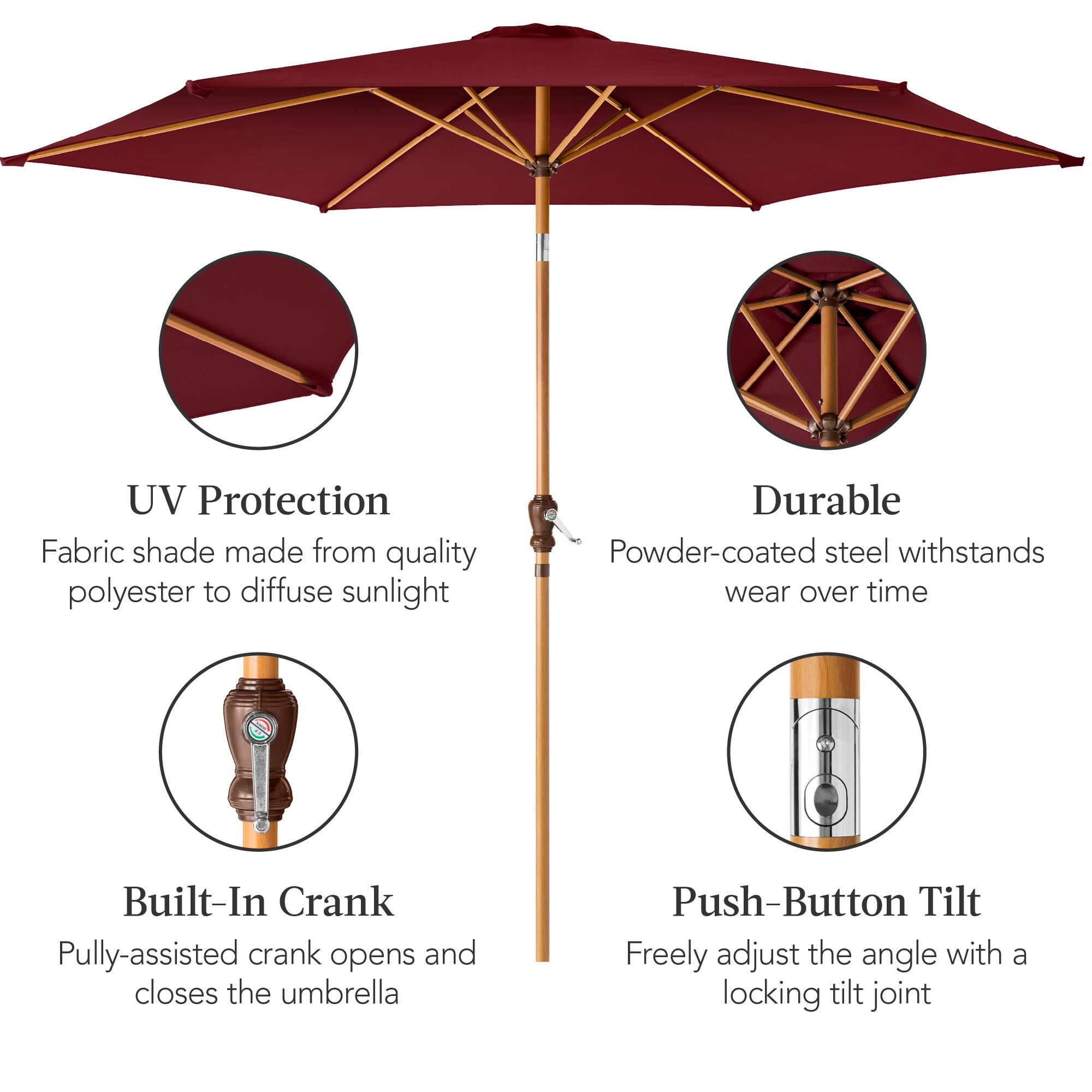 UV Protection: Fabric shade made from quality polyester to diffuse sunlight.

Durable: Powder-coated steel withstands wear over time.

Built-In Crank: Pulley-assisted crank opens and closes the umbrella.

Push-Button Tilt: Freely adjust the angle with a locking tilt joint.