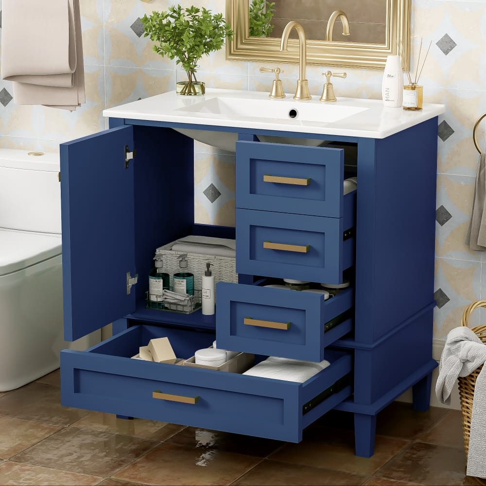 JUJABU - 30" Bathroom Vanity Cabinet with Ceramic Sink Combo Set - Blue