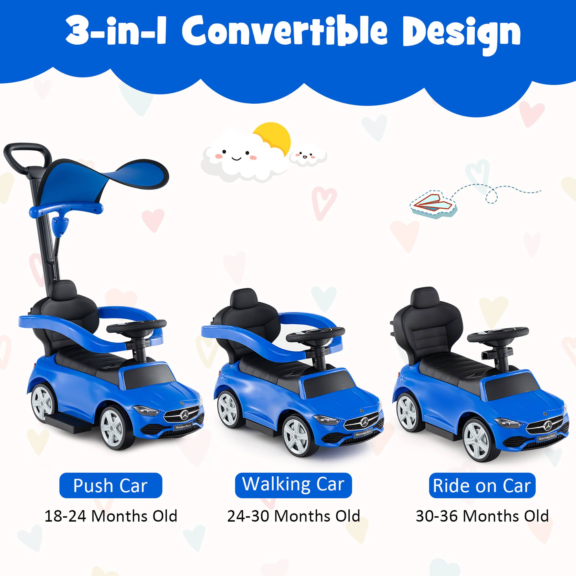 3-in-1 Convertible Design

Push Car  
18-24 Months Old

Walking Car  
24-30 Months Old

Ride on Car  
30-36 Months Old