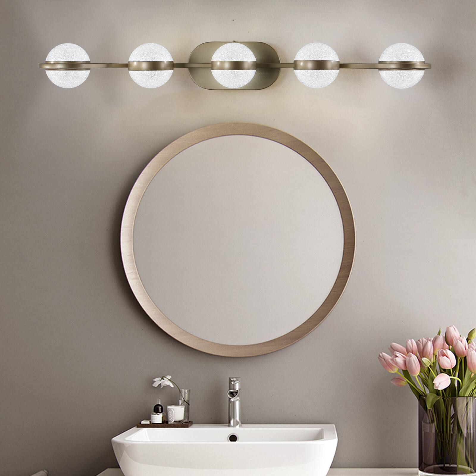 Alt View 5. Akoasm - 35" Modern 5-Light Bathroom Vanity Light with Crystal Sand Shades, Champagne Gold, Energy-Efficient LED, Wall Mounted.