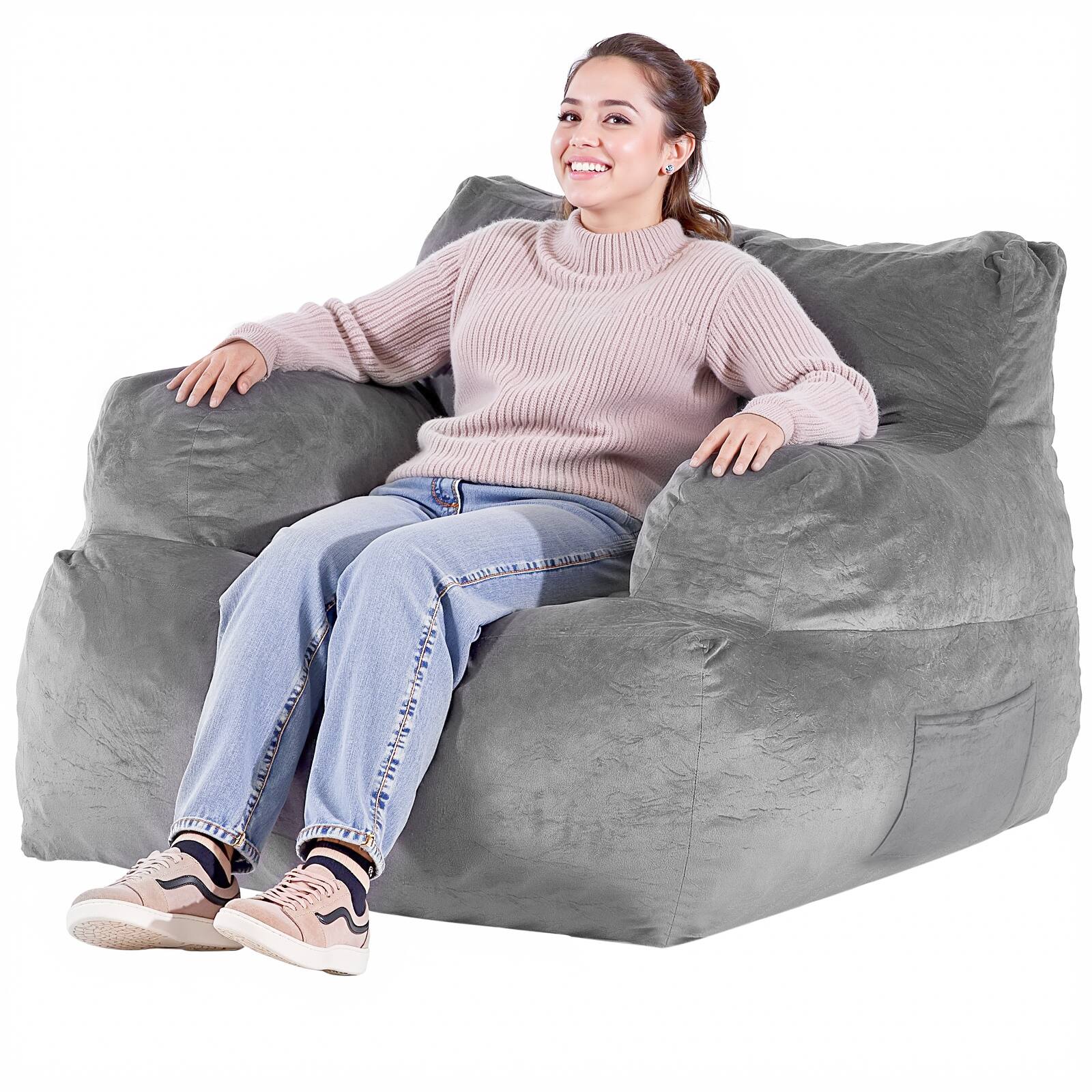 Alt View 5. VEVOR - Bean Bag Chair, BeanBag Sofa Chair with Armrests for Adults, Fluffy Plush & High-Density Foam Filling Adult Bean Bag - Gray.