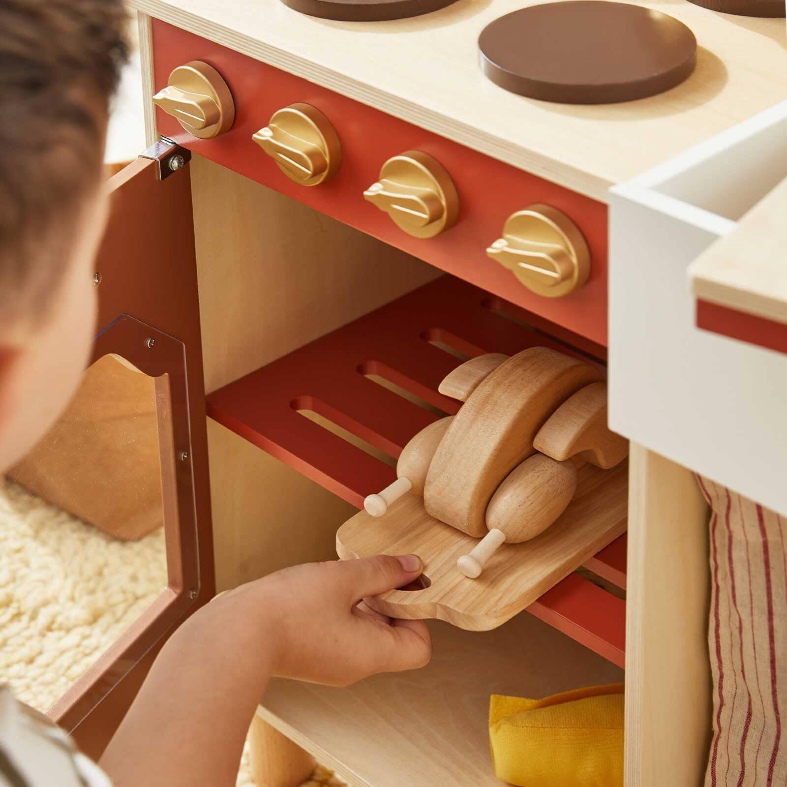 Alt View 3. Tiny Land - Kids Wooden Play Kitchen Set, Toddler Pretend Kitchen with Cutting Food, Cookware, Faucet and Storage, Ages 3-7 - Warm Retro.
