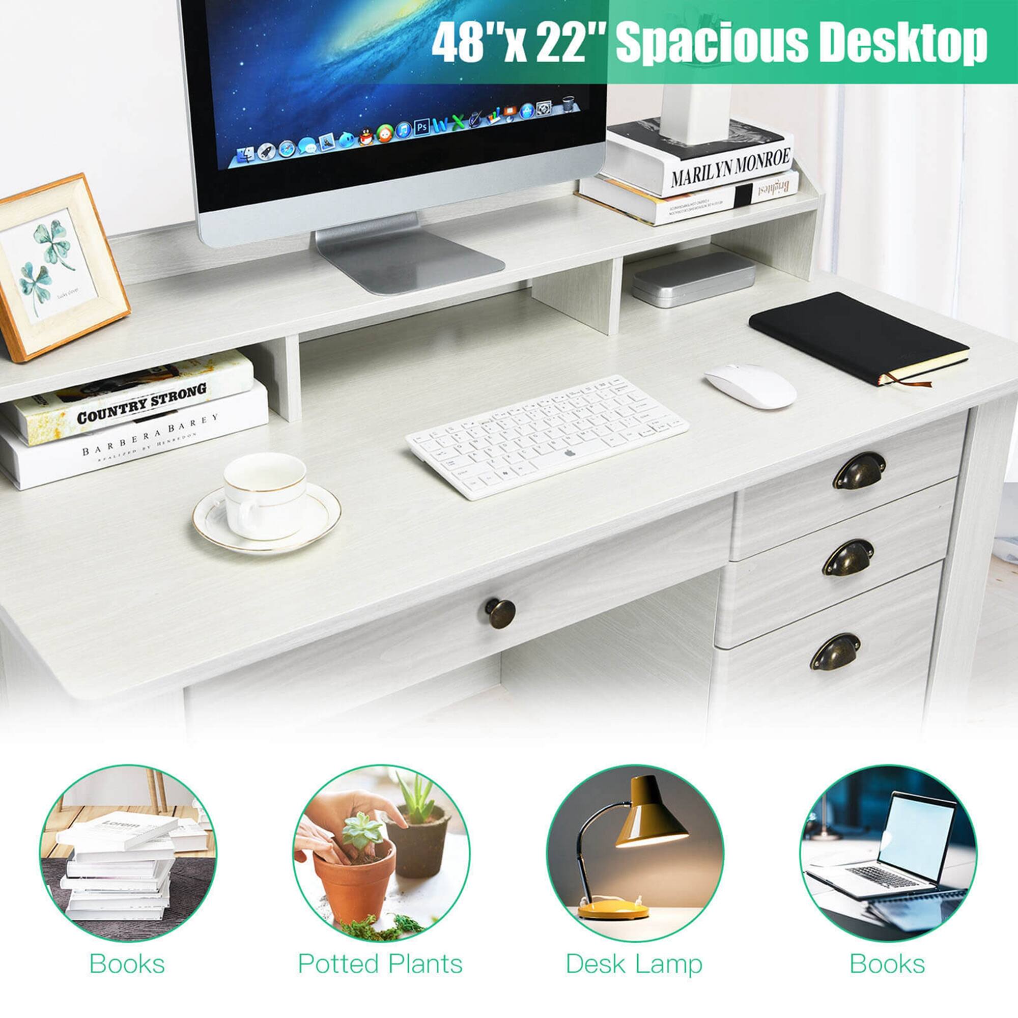 48"X 22" Spacious Desktop, Books, Potted Plants, Desk Lamp, Books