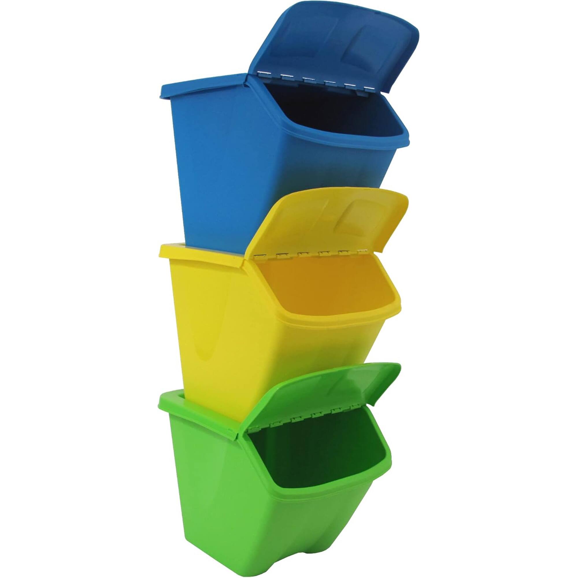 Alt View 6. Redmon - Redmon 10-Gal Stackable Shutter Bins, 3-Piece Recycling Storage Set, Multi-Color - Multicolor.