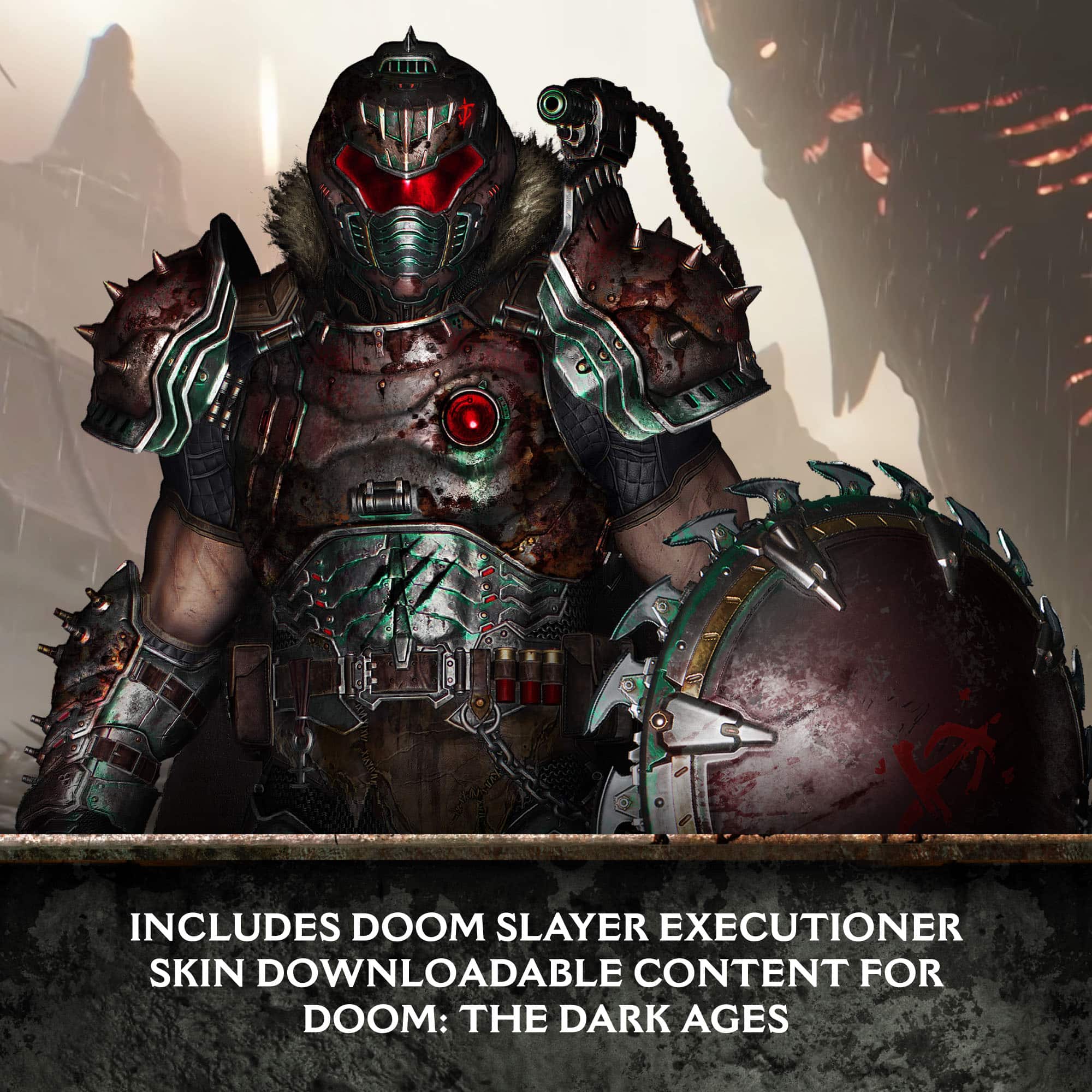 The image features a character wearing a green and red suit, standing next to a large metal ball. The character is described as a Doom Slayer Executioner, and the image includes downloadable content for the game Doom: The Dark Ages.