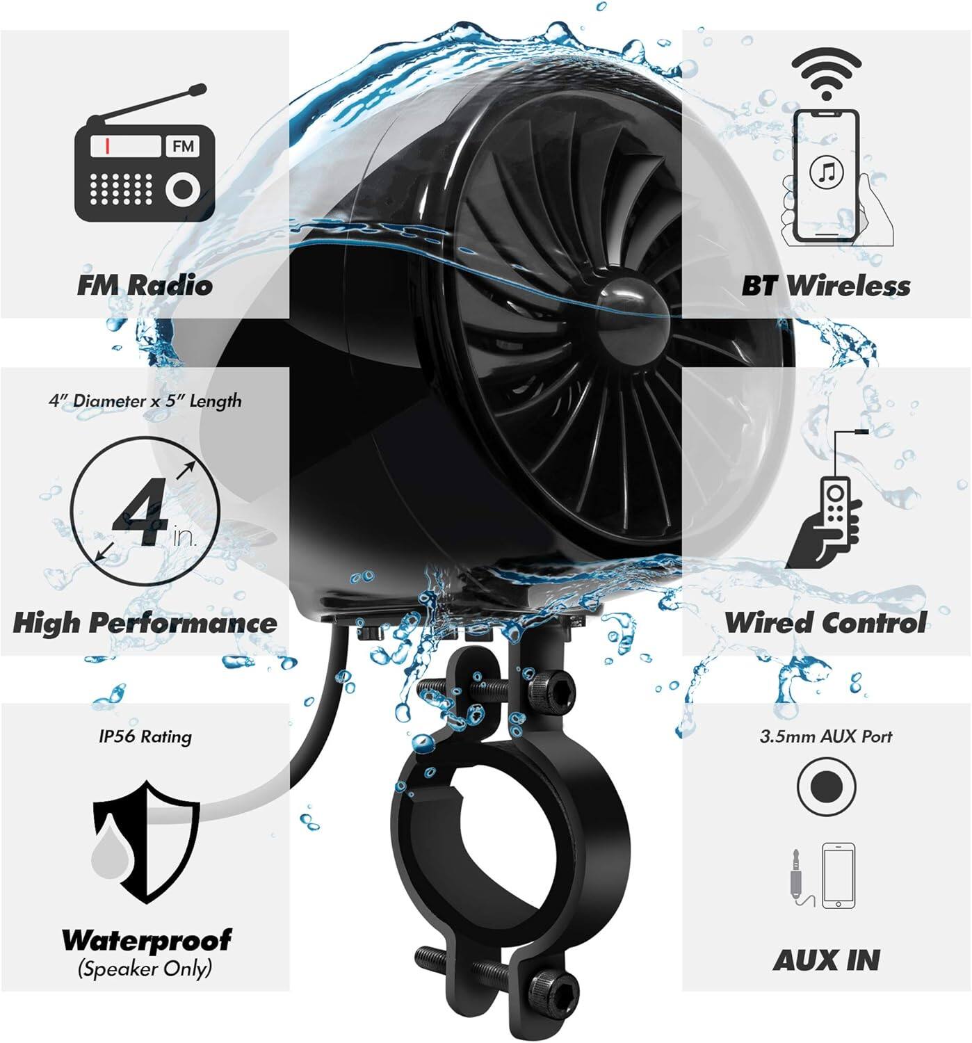 FM Radio  
BT Wireless  
4" Diameter x 5" Length  
4 in. High Performance  
Wired Control  
IP56 Rating  
Waterproof (Speaker Only)  
3.5mm AUX Port  
AUX IN