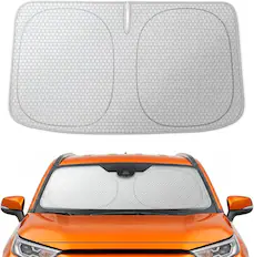 Front. WOLFBOX - Foldable Car Windshield Sun Shade, Maximum UV & Heat Shield Front Window Sunshade (Graphene, 64''x32'') - Sliver.