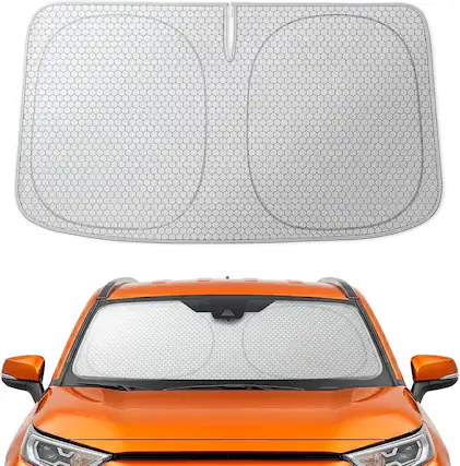 Front. WOLFBOX - Foldable Car Windshield Sun Shade, Maximum UV & Heat Shield Front Window Sunshade (Graphene, 64''x34'') - Sliver.