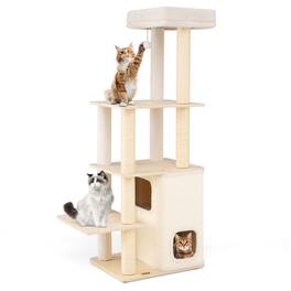Gymax - 63'' Tall Wooden Cat Tree w/2-Story Condo Plush Padded Top Perch Dangling Ball