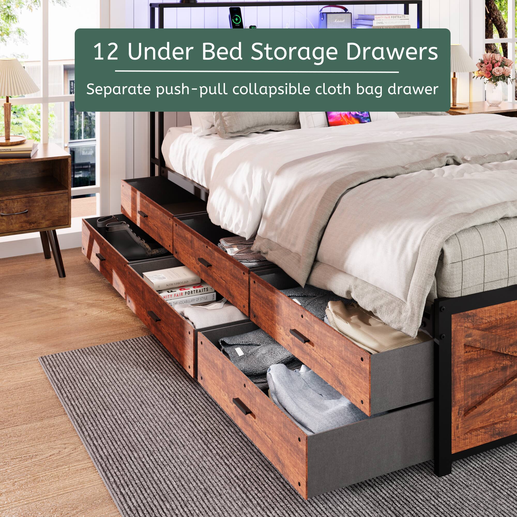 - 12 Under Bed Storage Drawers
- Separate push-pull collapsible cloth bag drawer