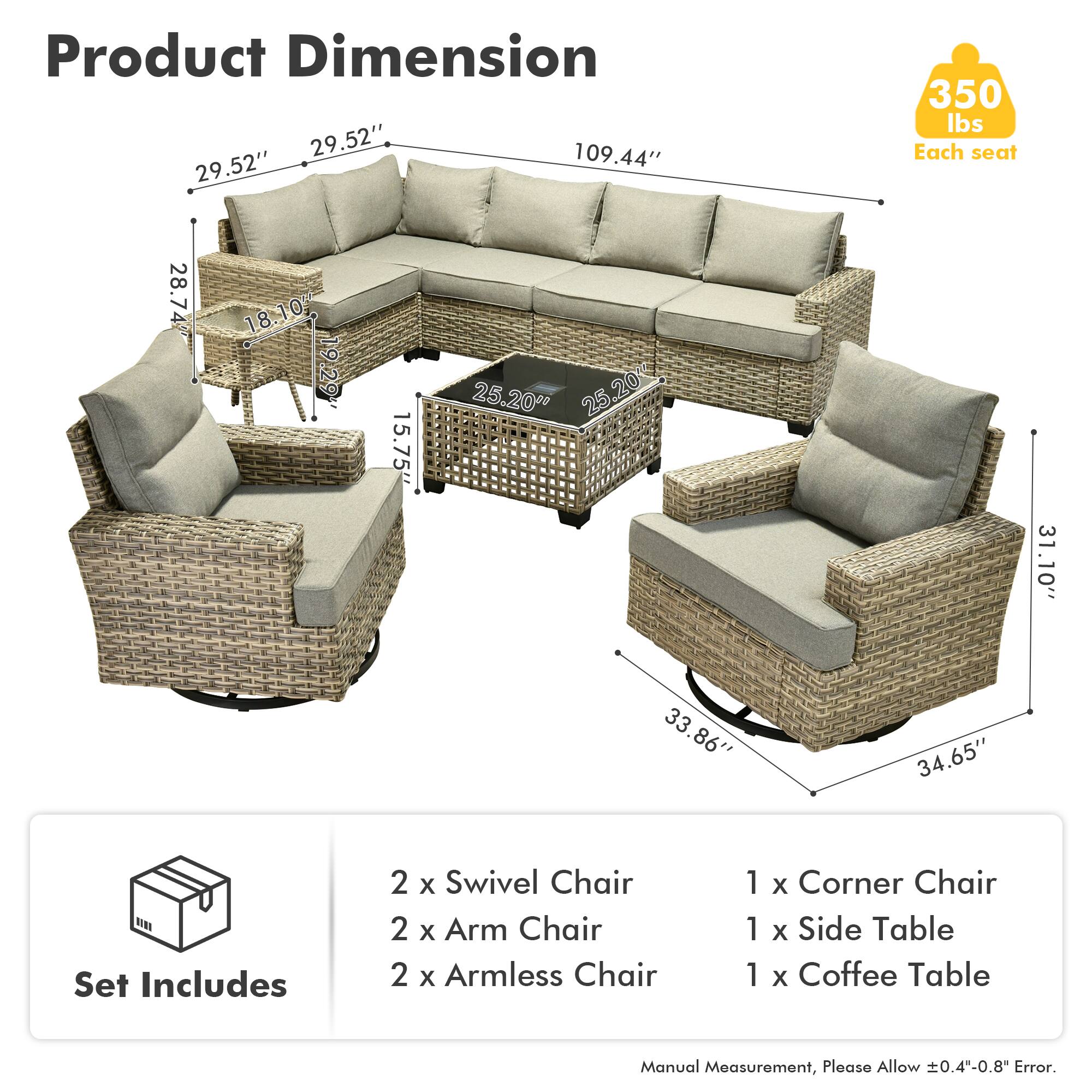 Product Dimension  
29.52" x 109.44" x 29.52"  
350 lbs Each seat  

Each seat:  
28.74" x 18.10" x 10"  
18" x 19.29" x 15.75"  
25.20" x 25.20"  
31" x 31.10" x 33.86" x 34.65"  

Set Includes  
2 x Swivel Chair  
2 x Arm Chair  
2 x Armless Chair  
1 x Corner Chair  
1 x Side Table  
1 x Coffee Table  

Manual Measurement, Please Allow 0.4"-0.8" Error.