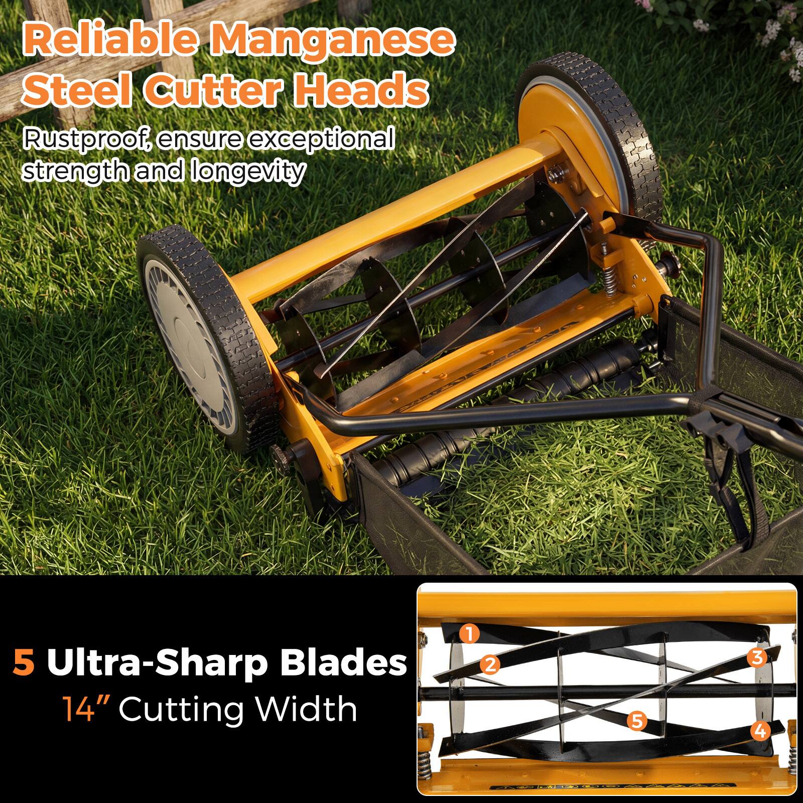 Reliable Manganese Steel Cutter Heads  
Rustproof, ensure exceptional strength and longevity  

5 Ultra-Sharp Blades  
14" Cutting Width