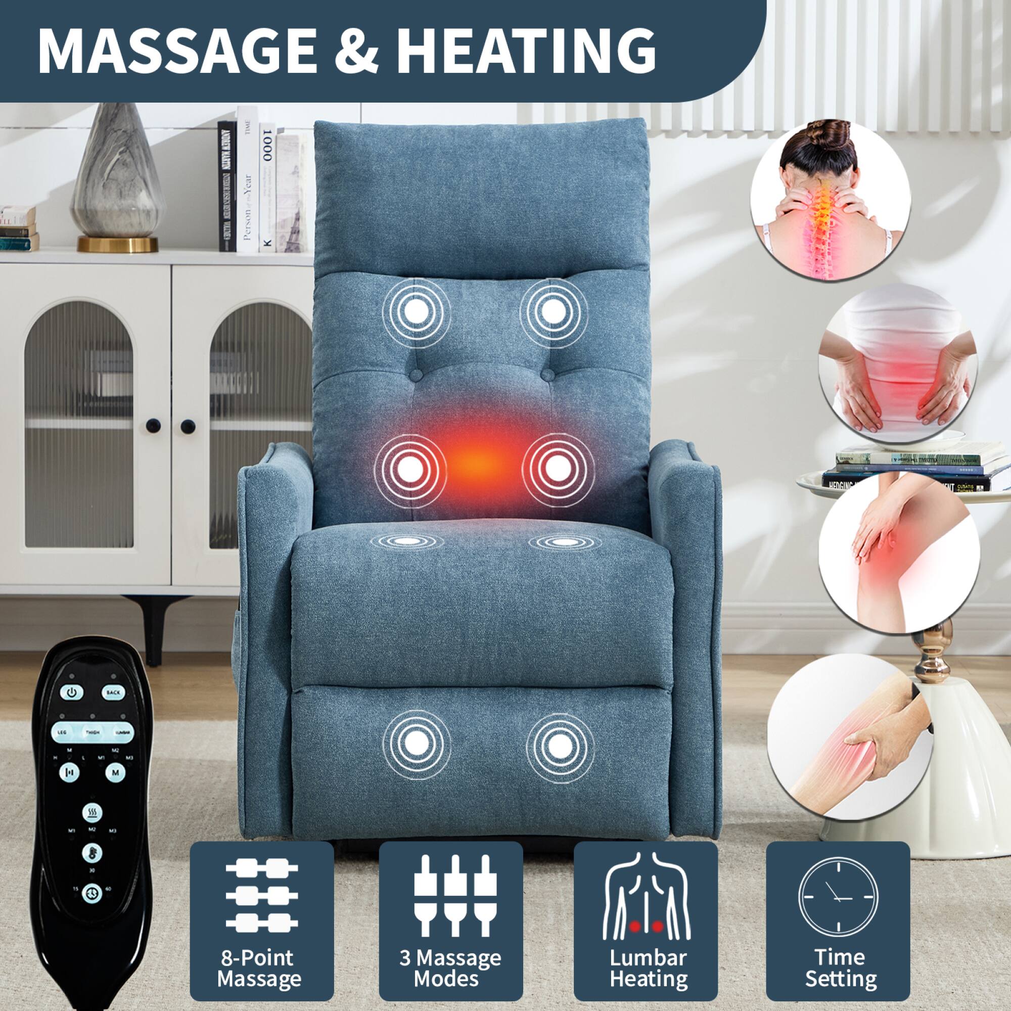 MASSAGE & HEATING

- 8-Point Massage
- 3 Massage Modes
- Lumbar Heating
- Time Setting