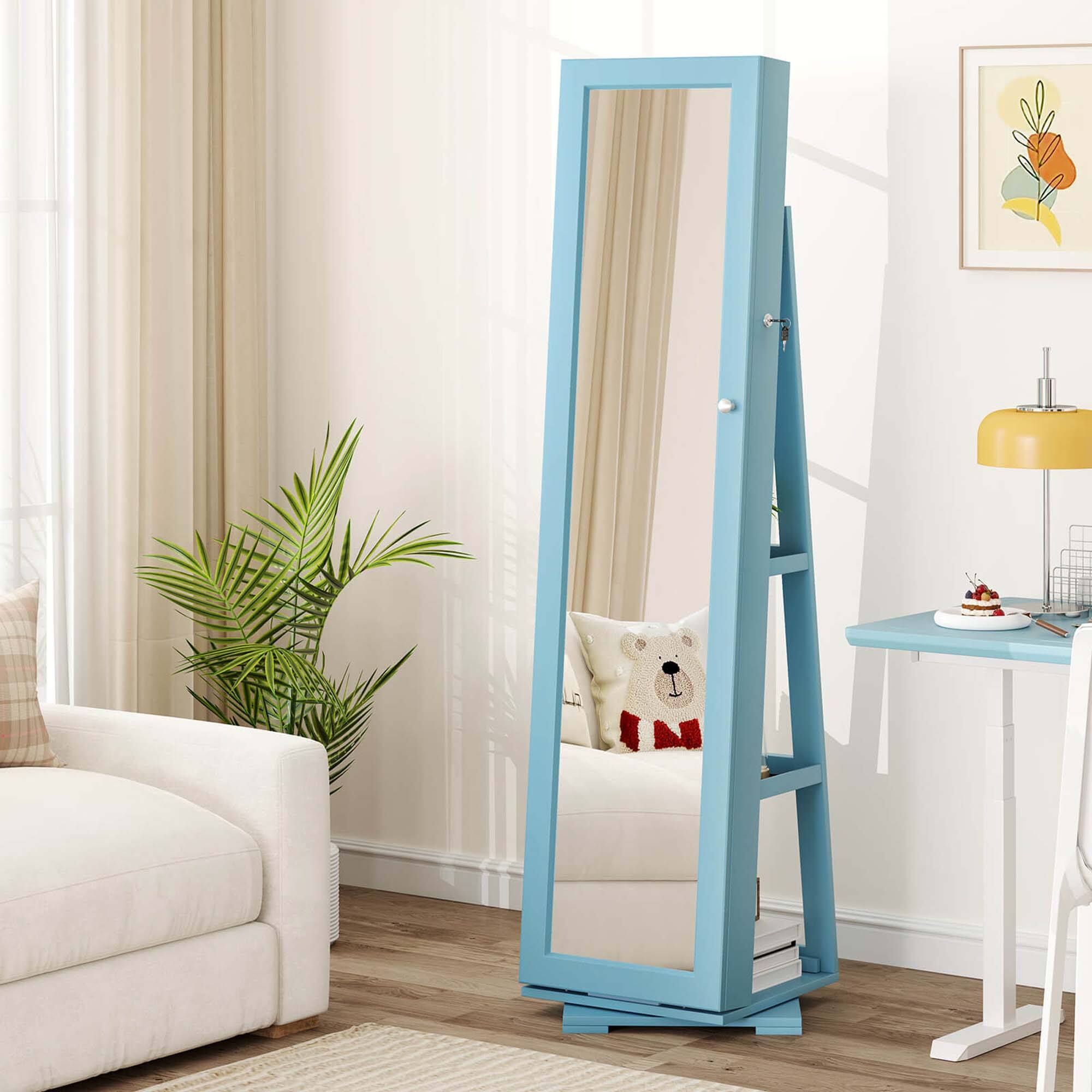 Alt View 4. Costway - Costway 360° Rotatable Jewelry Cabinet Armoire 2-in-1 Lockable Mirrored - Blue.