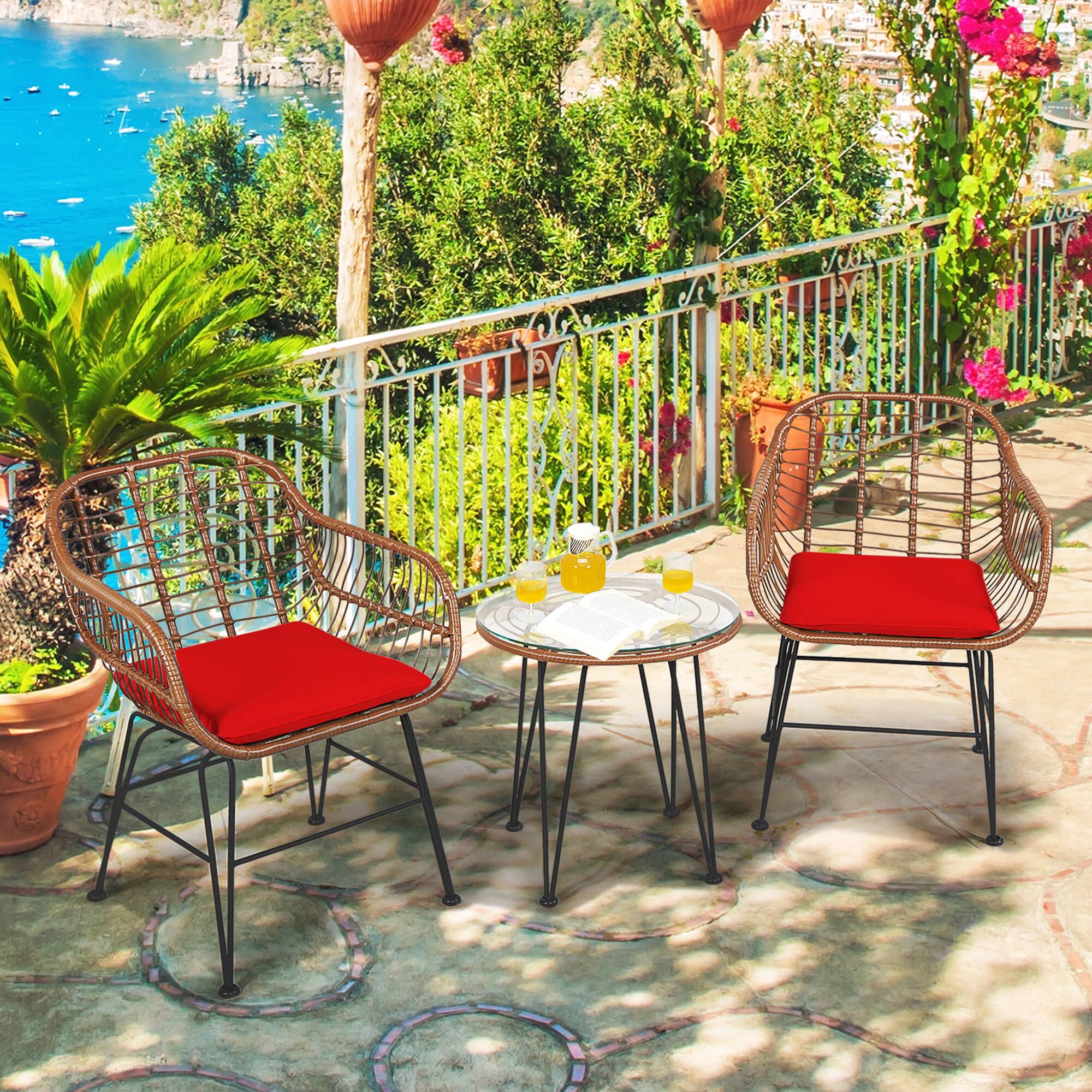 Alt View 3. Gymax - Gymax 3PCS Rattan Patio Conversation Set Bistro Chat Set w/ Red Cushions - Red.